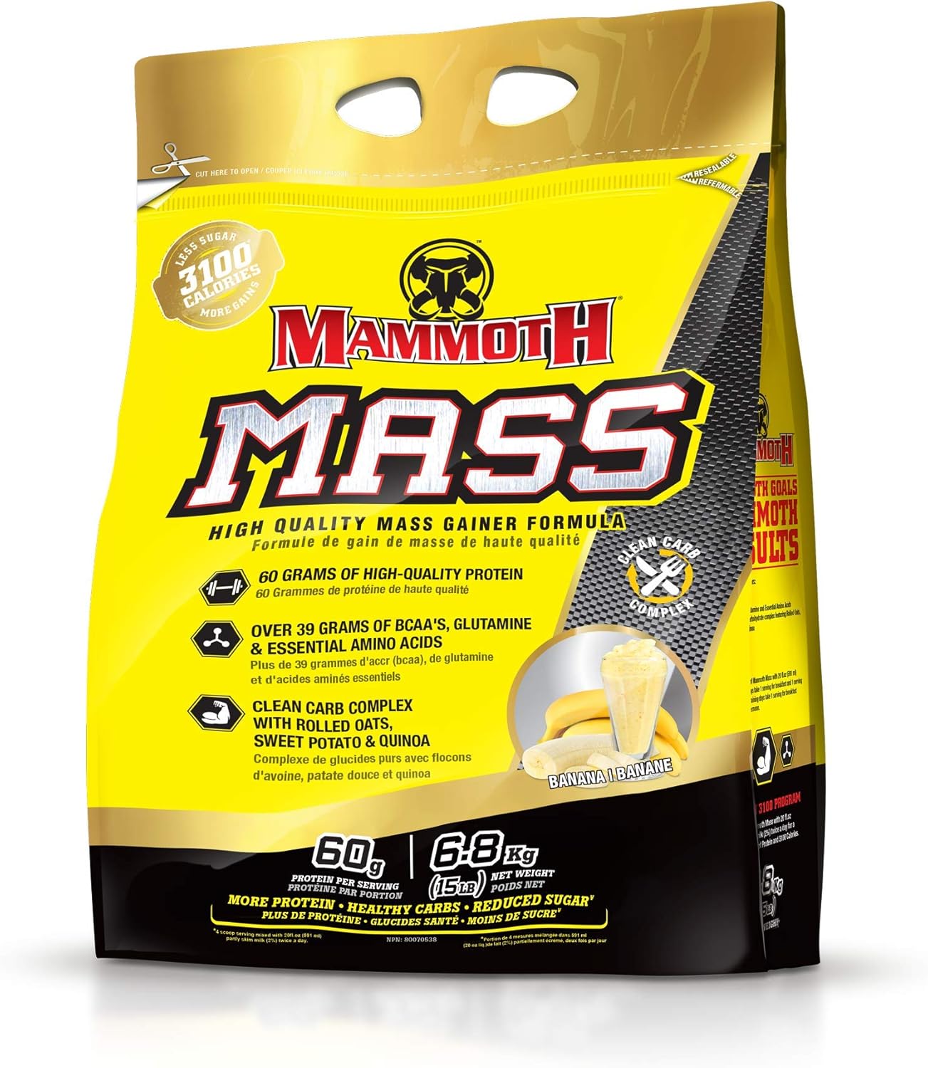 Banana Mammoth Mass: High Calorie Protein Powder for Weight Gain, Meal Replacement Shake with Low Sugar, Whey Isolate & Casein Protein for Weight Training (15lb)