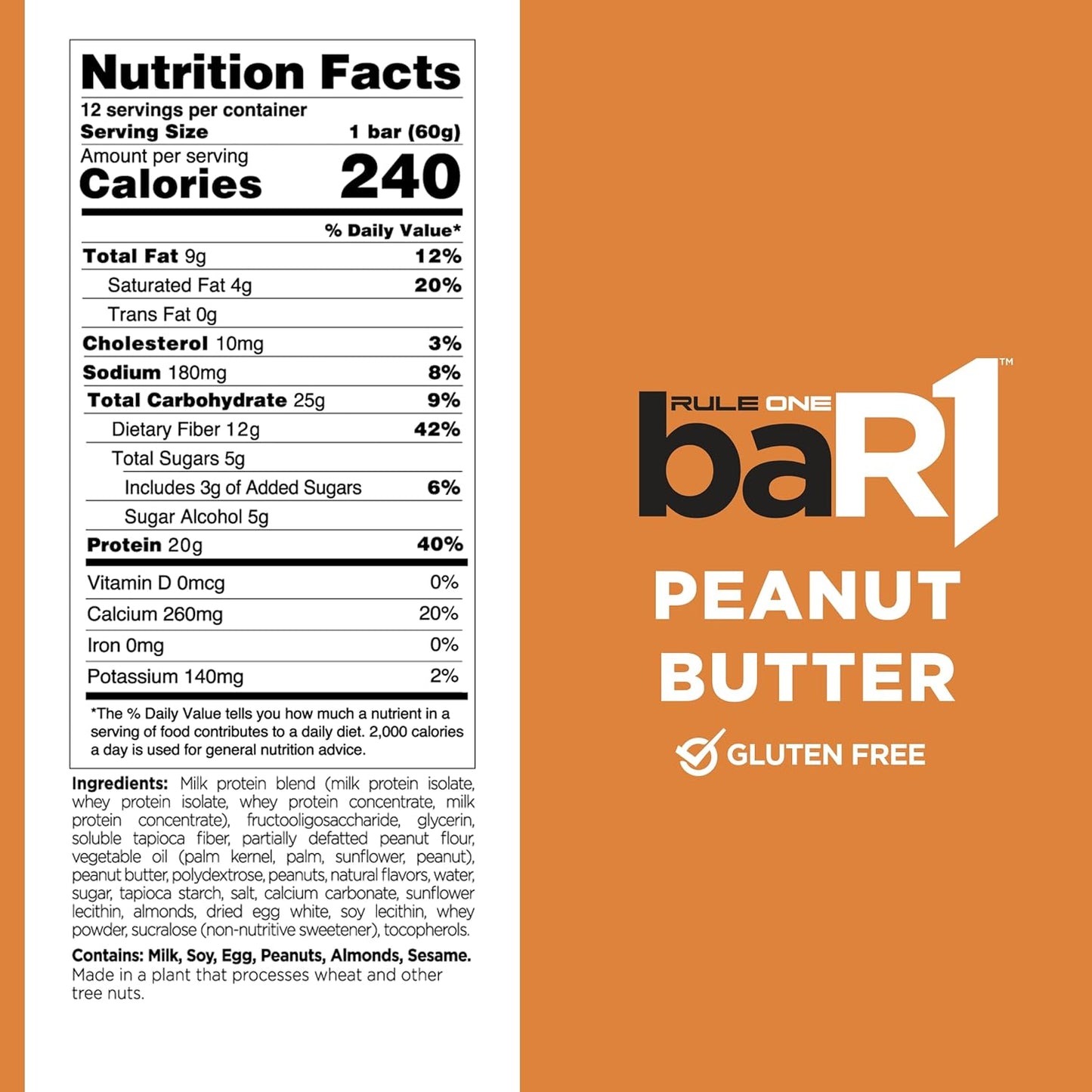 BaR1 Crunch Bar - High Protein Snack Bars with EAAs/BCAAs and Fiber, 20g Protein, 12 Count Box