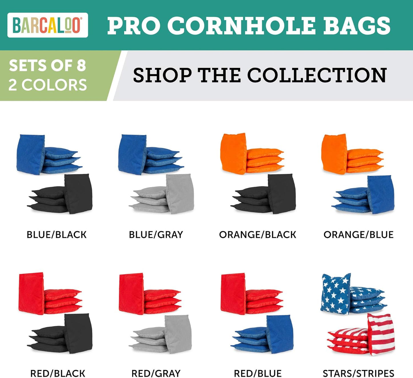 Barcaloo Professional Cornhole Bags Set - 8 Regulation All-Weather Double Sided Bean Bags for Pro Cornhole Game