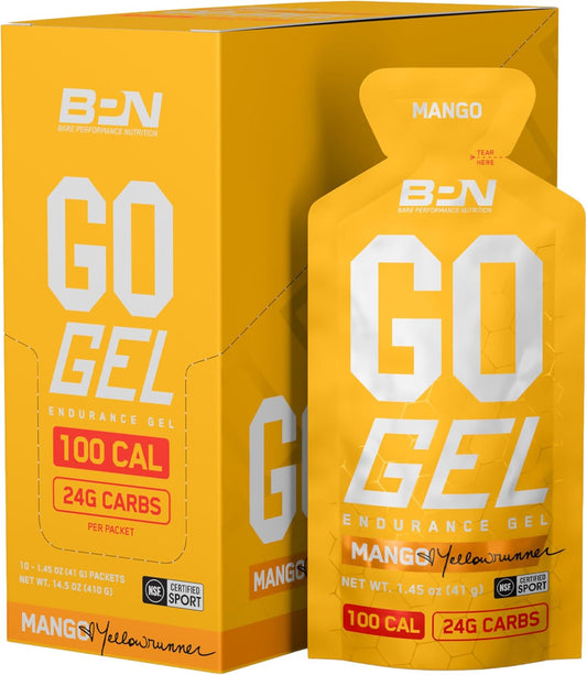 Bare Performance Nutrition BPN Go Gel Endurance Gel - 24g Carbs, 100 cals, Vegan & Gluten-Free, Mango Flavor - 10 Pack