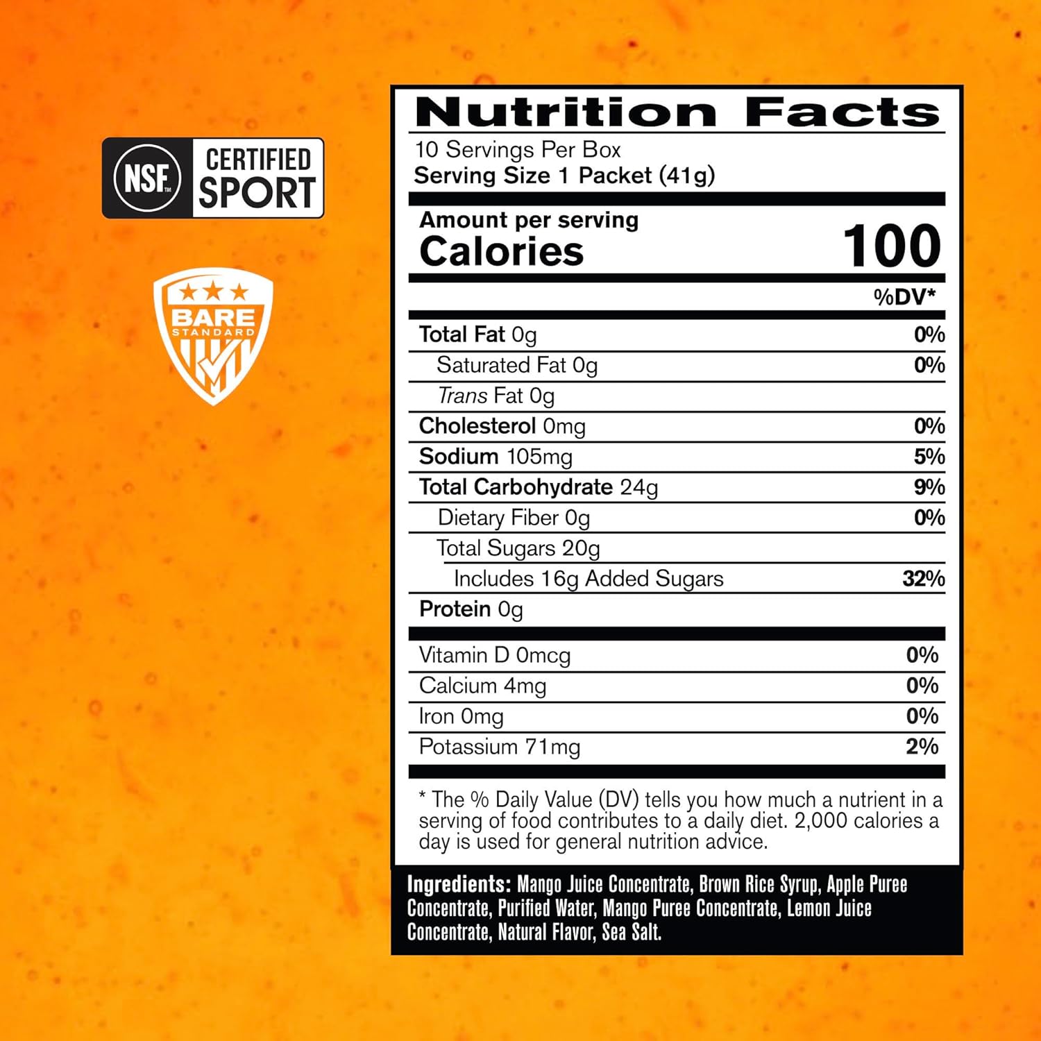 Bare Performance Nutrition BPN Go Gel Endurance Gel - 24g Carbs, 100 cals, Vegan & Gluten-Free, Mango Flavor - 10 Pack