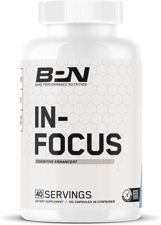 BARE PERFORMANCE NUTRITION BPN in-Focus Brain Supplement - Memory & Focus Caffeine Pills with L Tyrosine & Alpha GPC, 40 Servings, Gluten Free & Vegan