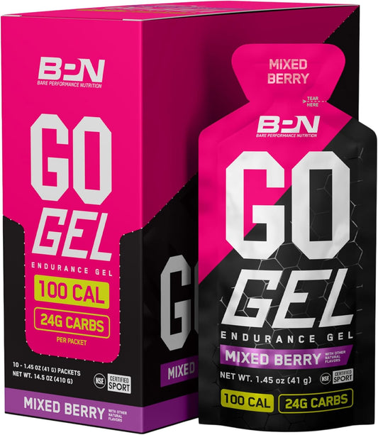 Bare Performance Nutrition Endurance Gel - 10 Pack of Vegan Mixed Berry Gels, 24g Carbs & 100 Calories per Pack, Gluten-Free