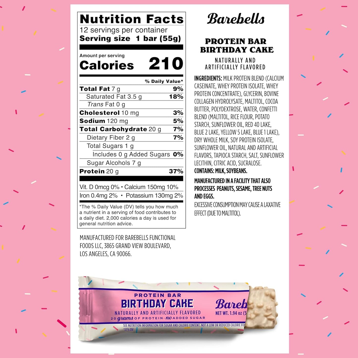 Barebells Birthday Cake Protein Bars - 12 Pack, 20g Protein Bars with 1g Sugar - Chocolate Nutrition Bar for Breakfast or Post-Workout