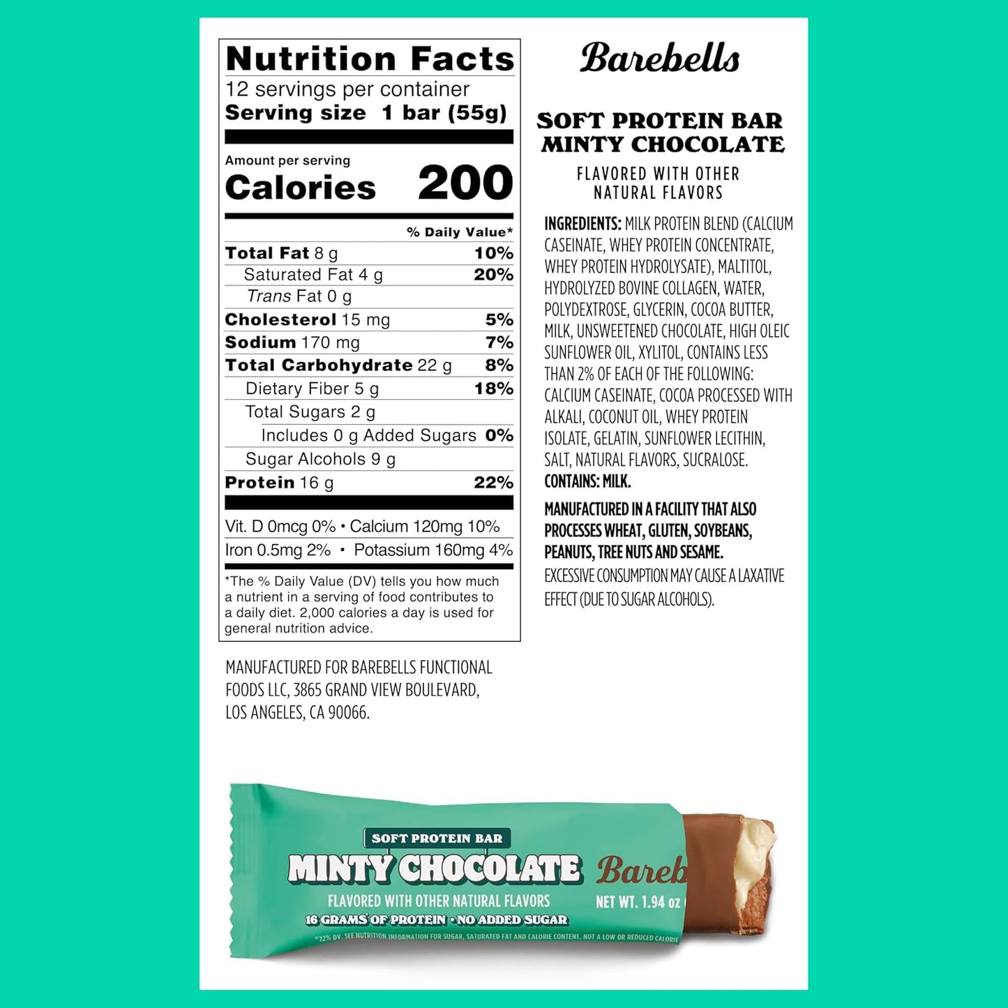 Barebells Minty Chocolate Soft Protein Bars - 12 Count, 16g High Protein Treats with 1g Total Sugars - On-The-Go Breakfast or Post-Workout Snack