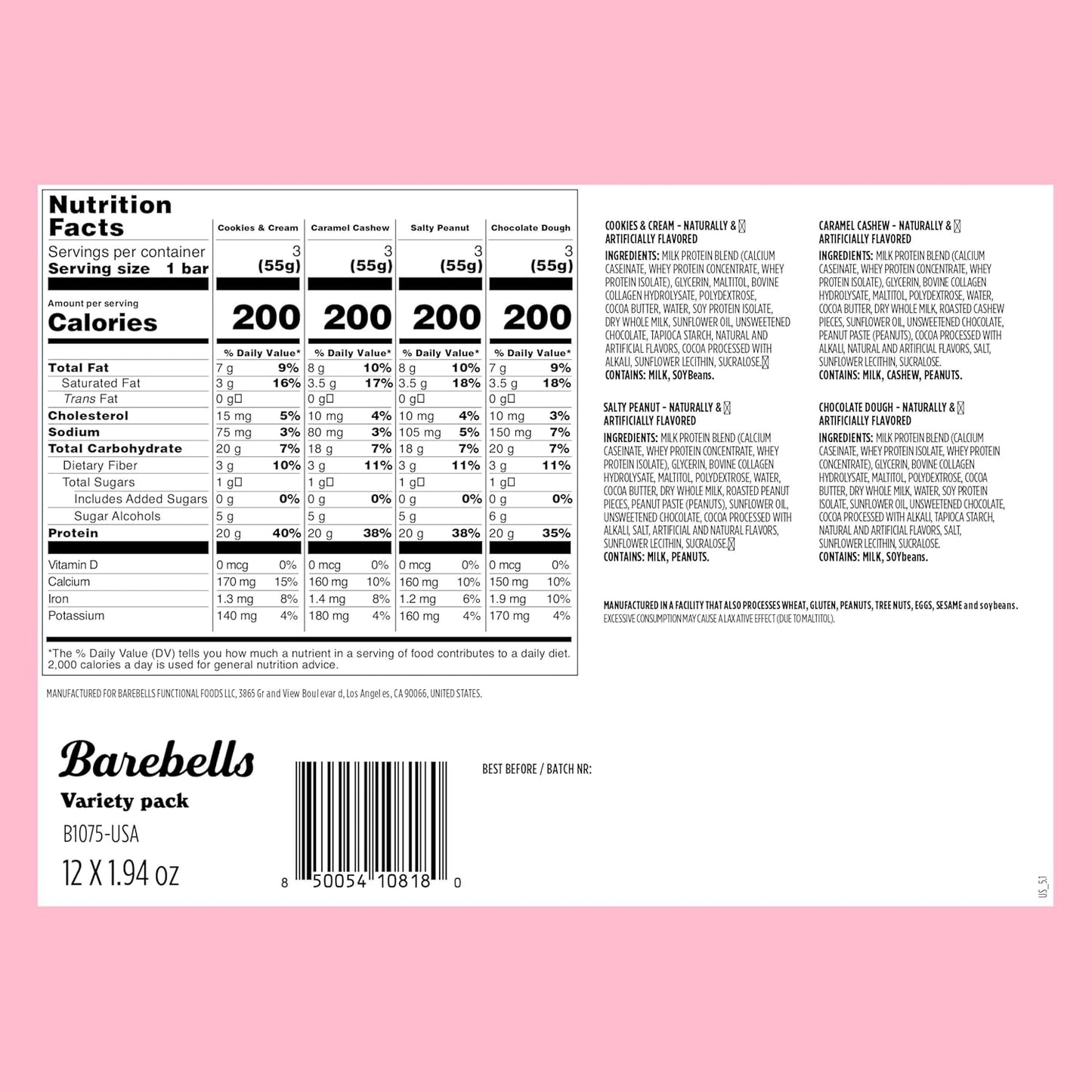 Barebells Protein Bars Variety Pack - 12 Count, 1.9oz Bars - High Protein Snacks with 20g Protein - Chocolate Bars with 1g Sugars - On The Go Protein Snack & Breakfast Bars