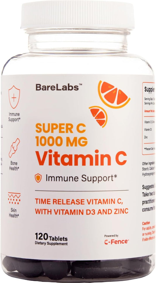 BareLabs Super C Time Release Supplement - Vitamin C 1000mg, D3 1000iu, Zinc 30mg - 24 Hour Immune Support - Healthy Skin, Hair, Nails - Non GMO - 120 Tablets
