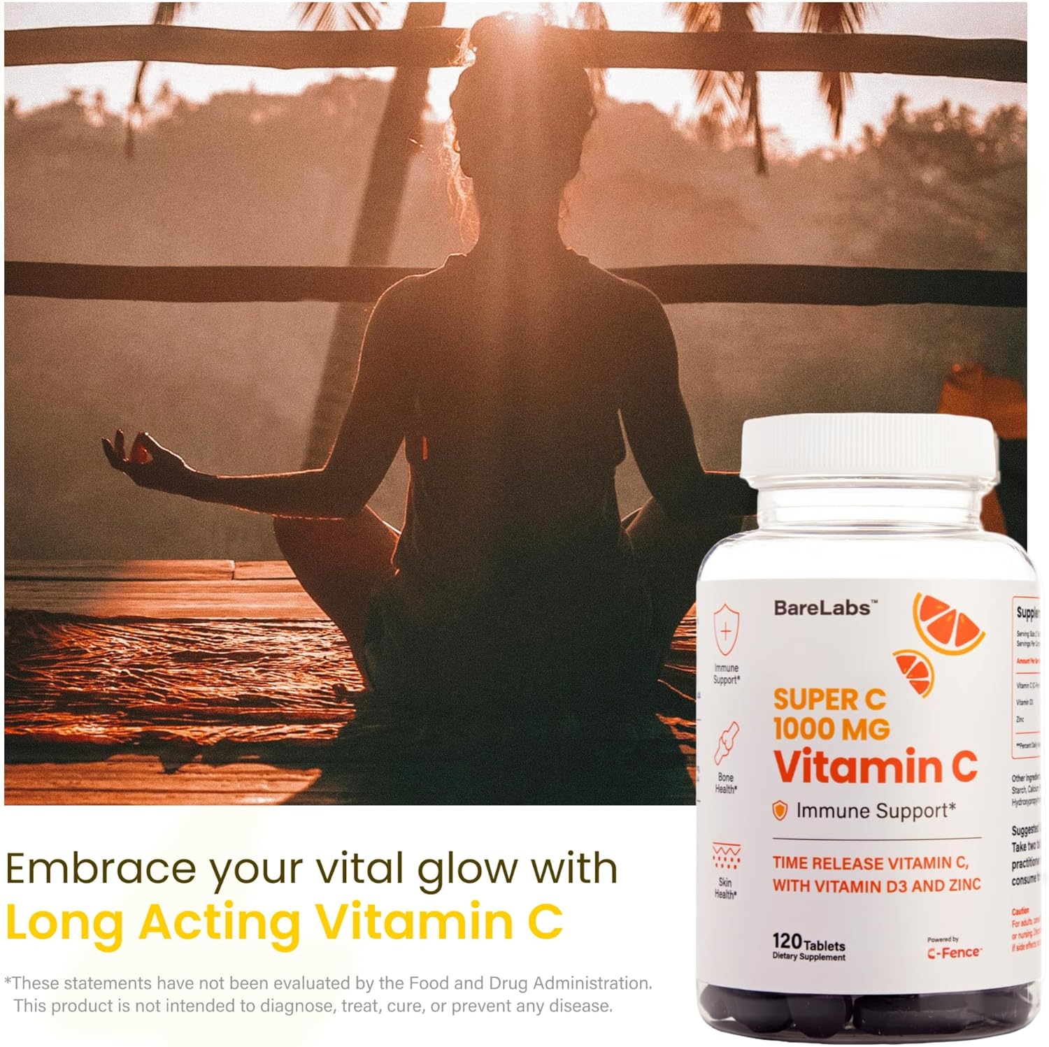 BareLabs Super C Time Release Supplement - Vitamin C 1000mg, D3 1000iu, Zinc 30mg - 24 Hour Immune Support - Healthy Skin, Hair, Nails - Non GMO - 120 Tablets