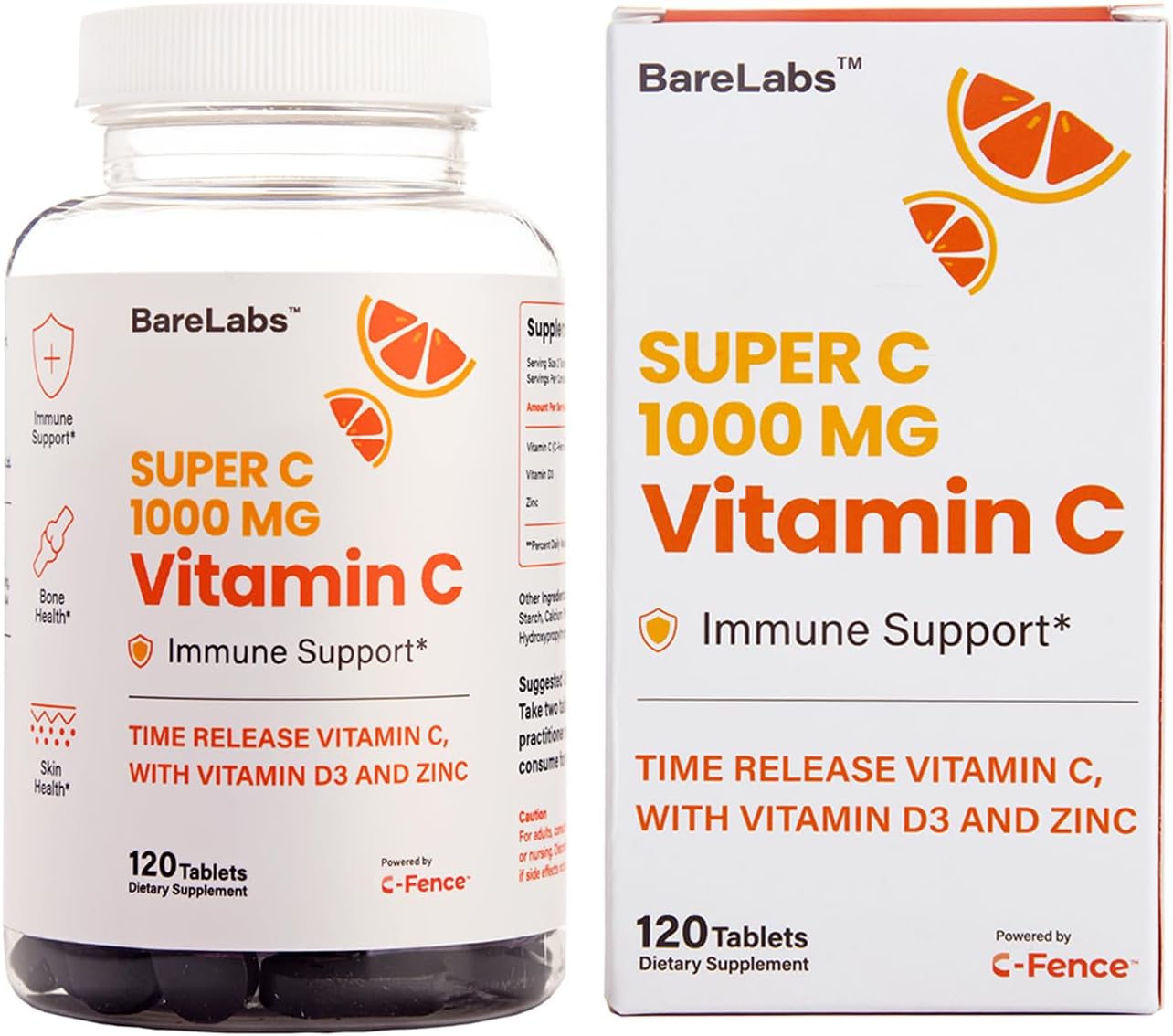 BareLabs Super C Time Release Supplement - Vitamin C 1000mg, D3 1000iu, Zinc 30mg - 24 Hour Immune Support - Healthy Skin, Hair, Nails - Non GMO - 120 Tablets
