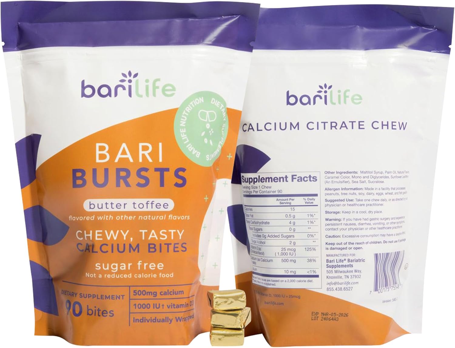 Bari Life BariBurst Calcium Citrate Chews with Vitamin D - Ideal for Bariatric Patients (Butter Toffee Flavor)