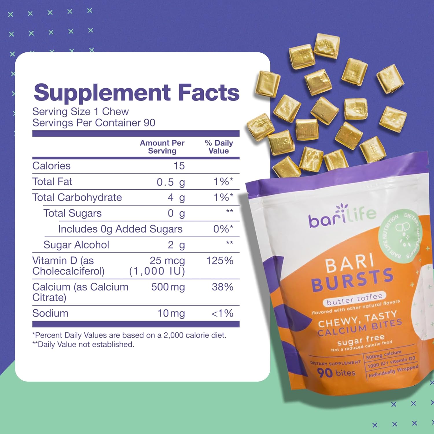 Bari Life BariBurst Calcium Citrate Chews with Vitamin D - Ideal for Bariatric Patients (Butter Toffee Flavor)