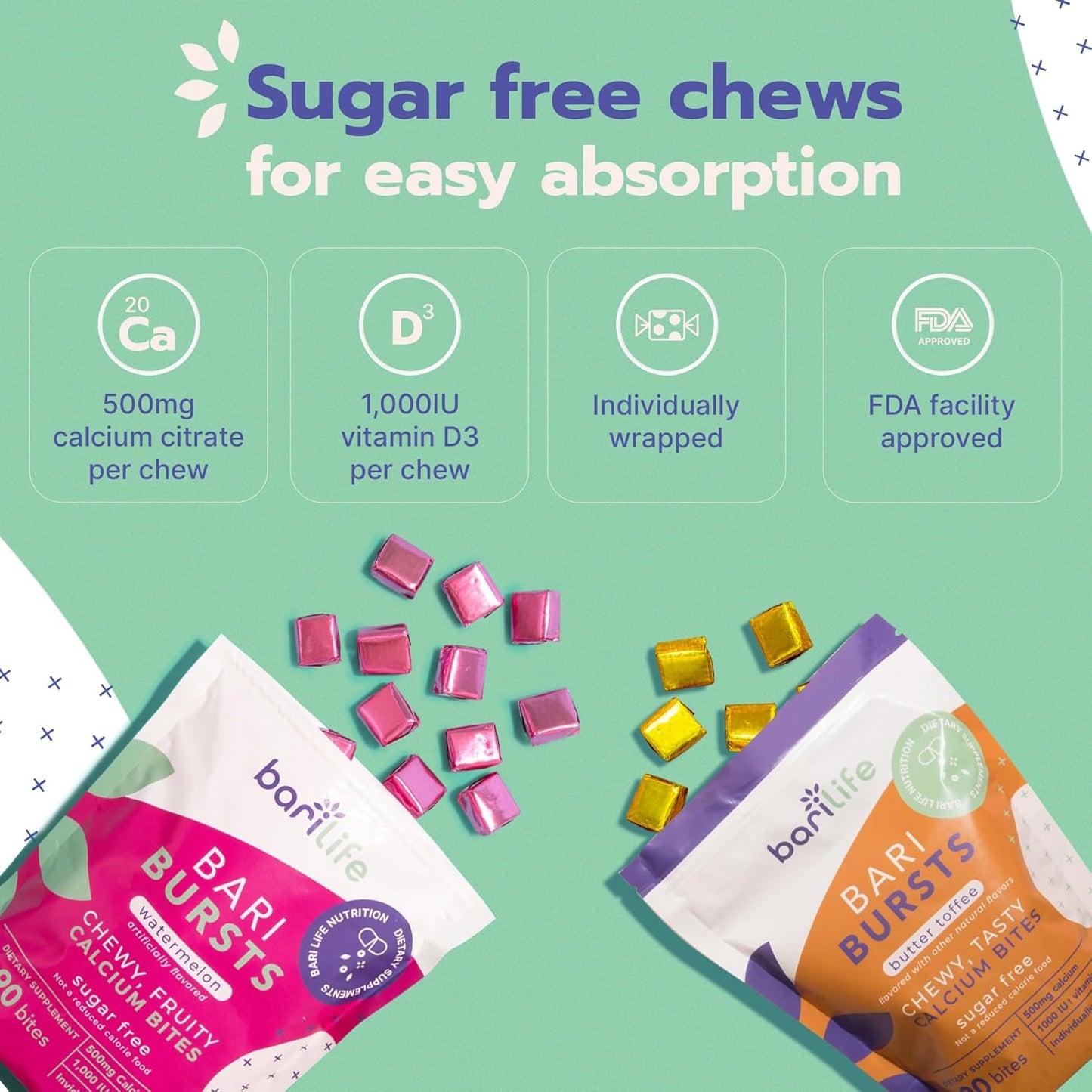 Bari Life BariBurst Calcium Citrate Chews with Vitamin D - Ideal for Bariatric Patients (Butter Toffee Flavor)