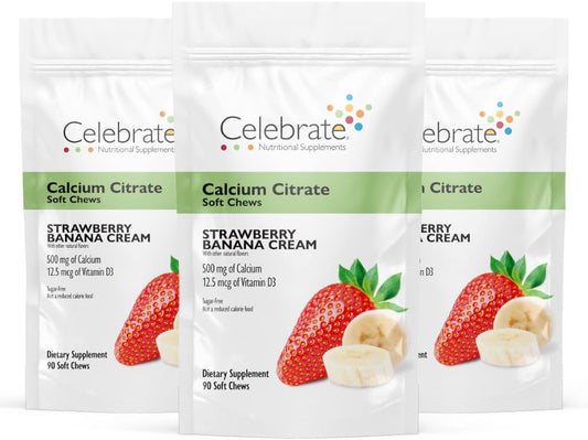 Bariatric 500mg Calcium Citrate Soft Chews with Vitamin D3 for Gastric Bypass - Strawberry Banana, 270 Chews