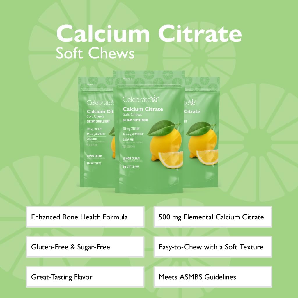 Bariatric 500mg Calcium Citrate Soft Chews with Vitamin D3 for Bone Health - 270 Lemon Chews, Sugar & Gluten Free - BoostGo Australia