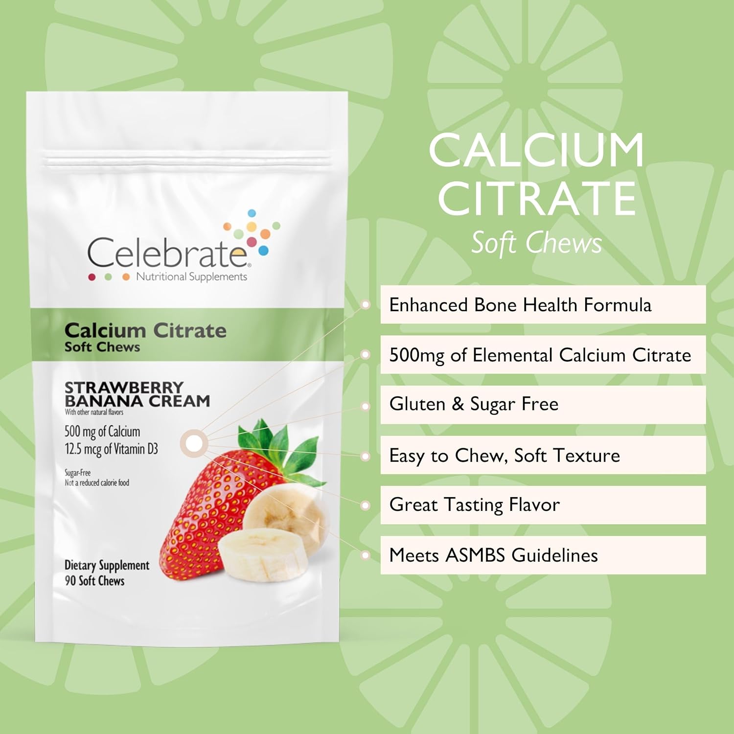 Bariatric 500mg Calcium Citrate Soft Chews with Vitamin D3 for Gastric Bypass - Strawberry Banana, 270 Chews