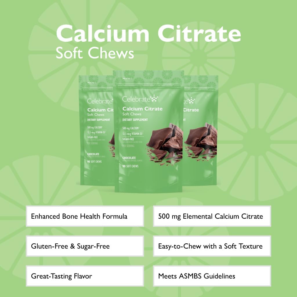 Bariatric 500mg Calcium Citrate Soft Chews with Vitamin D3 for Gastric Bypass - Chocolate Flavor, Sugar & Gluten Free (270 Chews)