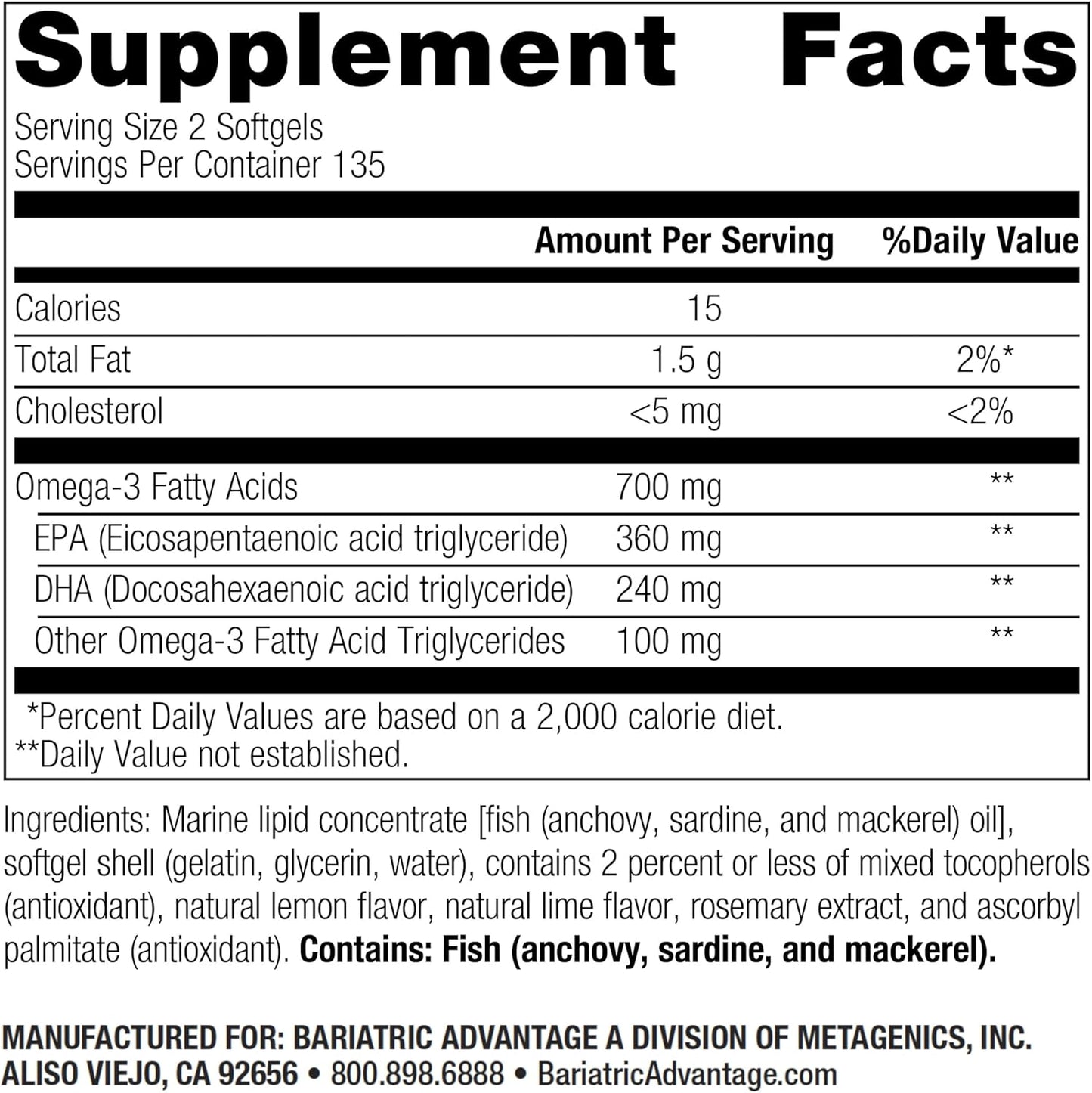 Bariatric Advantage Omega-3 Fish Oil Capsules 300 EPA DHA, Lemon Lime Flavor - 270 Softgels