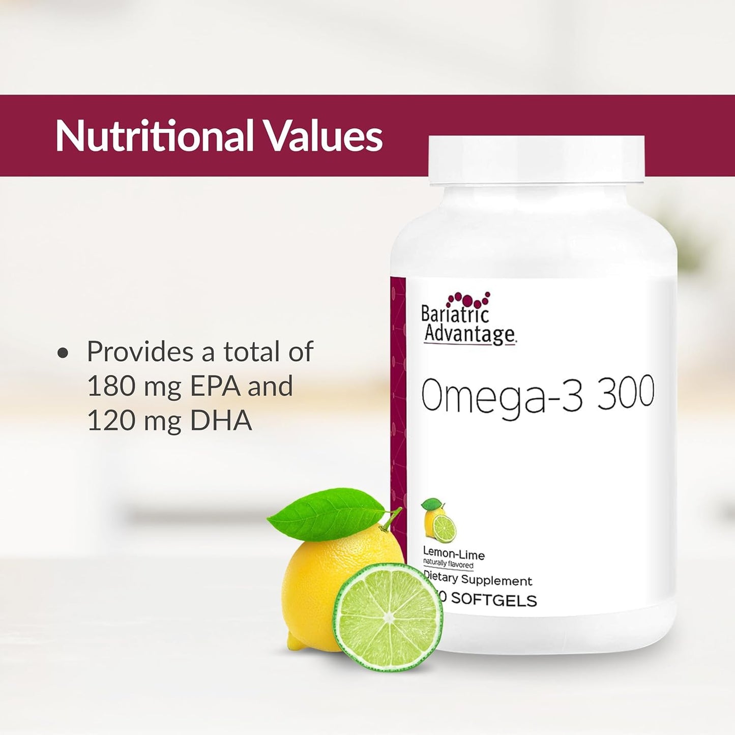 Bariatric Advantage Omega-3 Fish Oil Capsules 300 EPA DHA, Lemon Lime Flavor - 270 Softgels