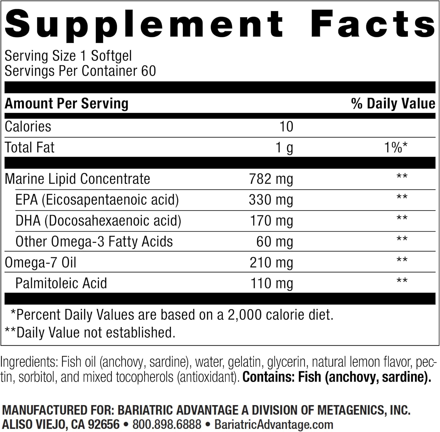 Bariatric Advantage OmegaVanta 10 Omega Fish Oil Softgels - EPA & DHA Enriched - Heart Health Support - Natural Lemon Flavor - 60 Enteric Softgels