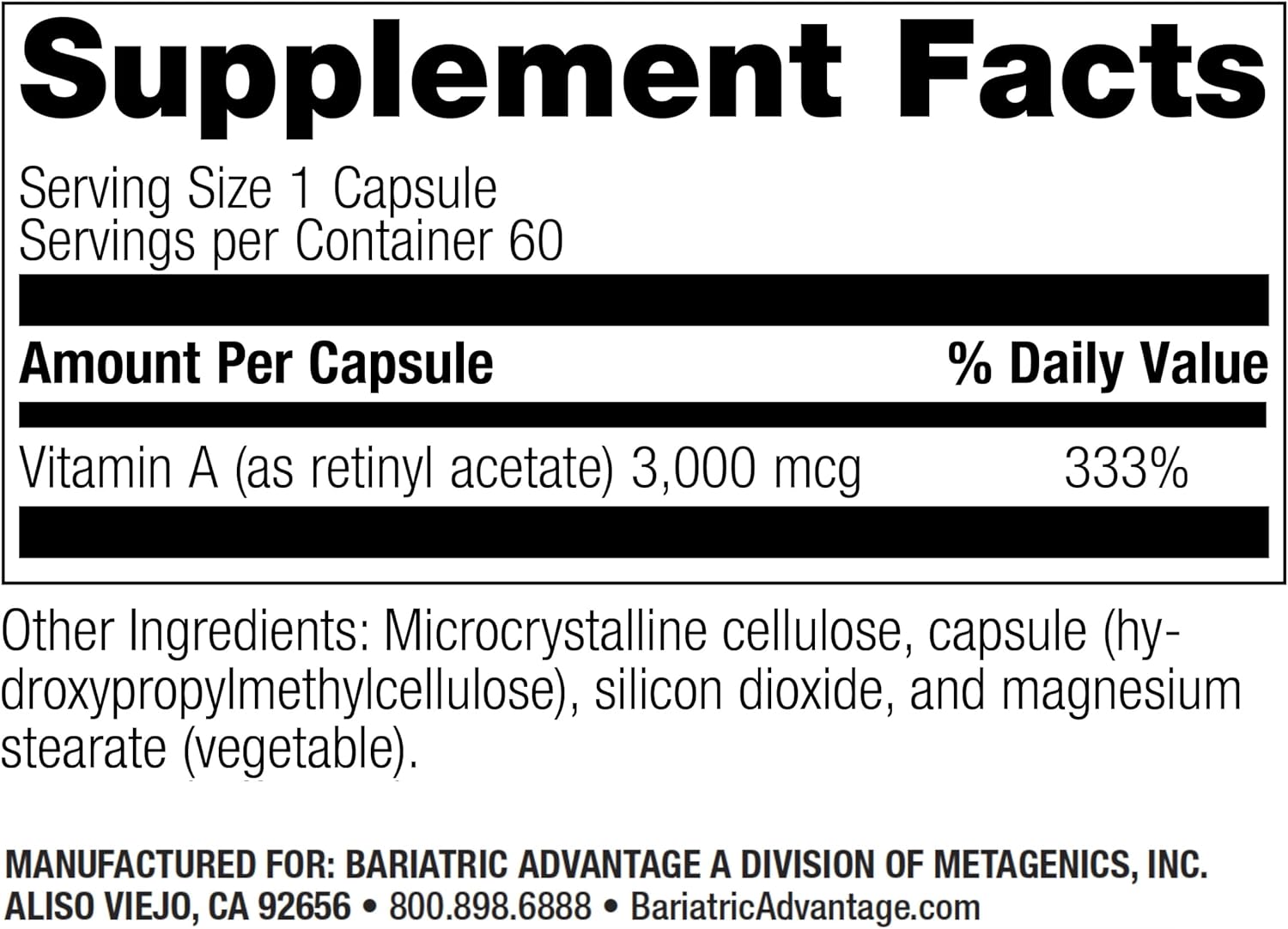 Bariatric Advantage Vitamin A 3,000 mcg Capsules for Eye Health Support - Easy to Digest - 60 Count