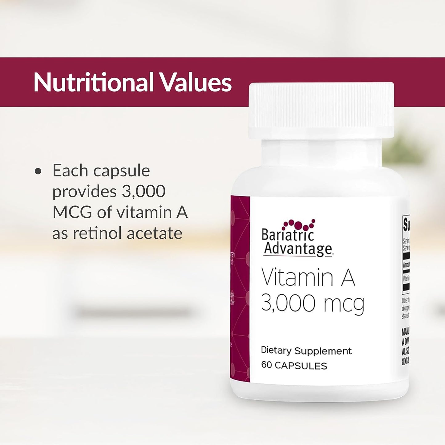 Bariatric Advantage Vitamin A 3,000 mcg Capsules for Eye Health Support - Easy to Digest - 60 Count