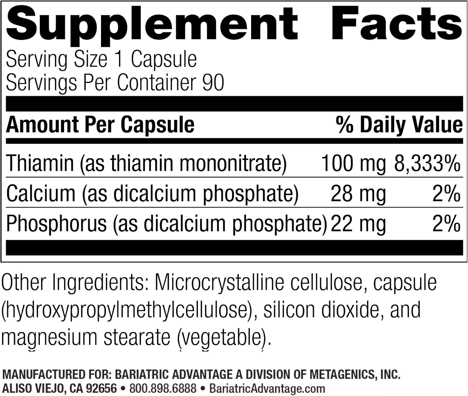 Bariatric Advantage Vitamin B1 Thiamin Mononitrate 100mg - Easy Digestion - Energy Support - 90 Count