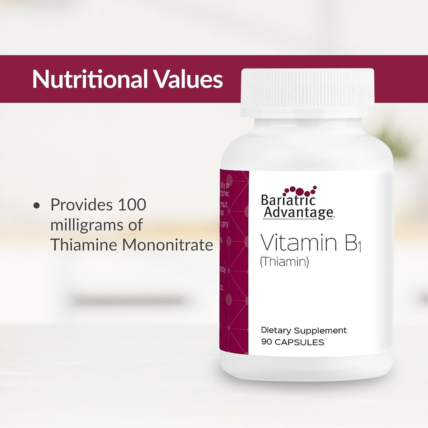 Bariatric Advantage Vitamin B1 Thiamin Mononitrate 100mg - Easy Digestion - Energy Support - 90 Count