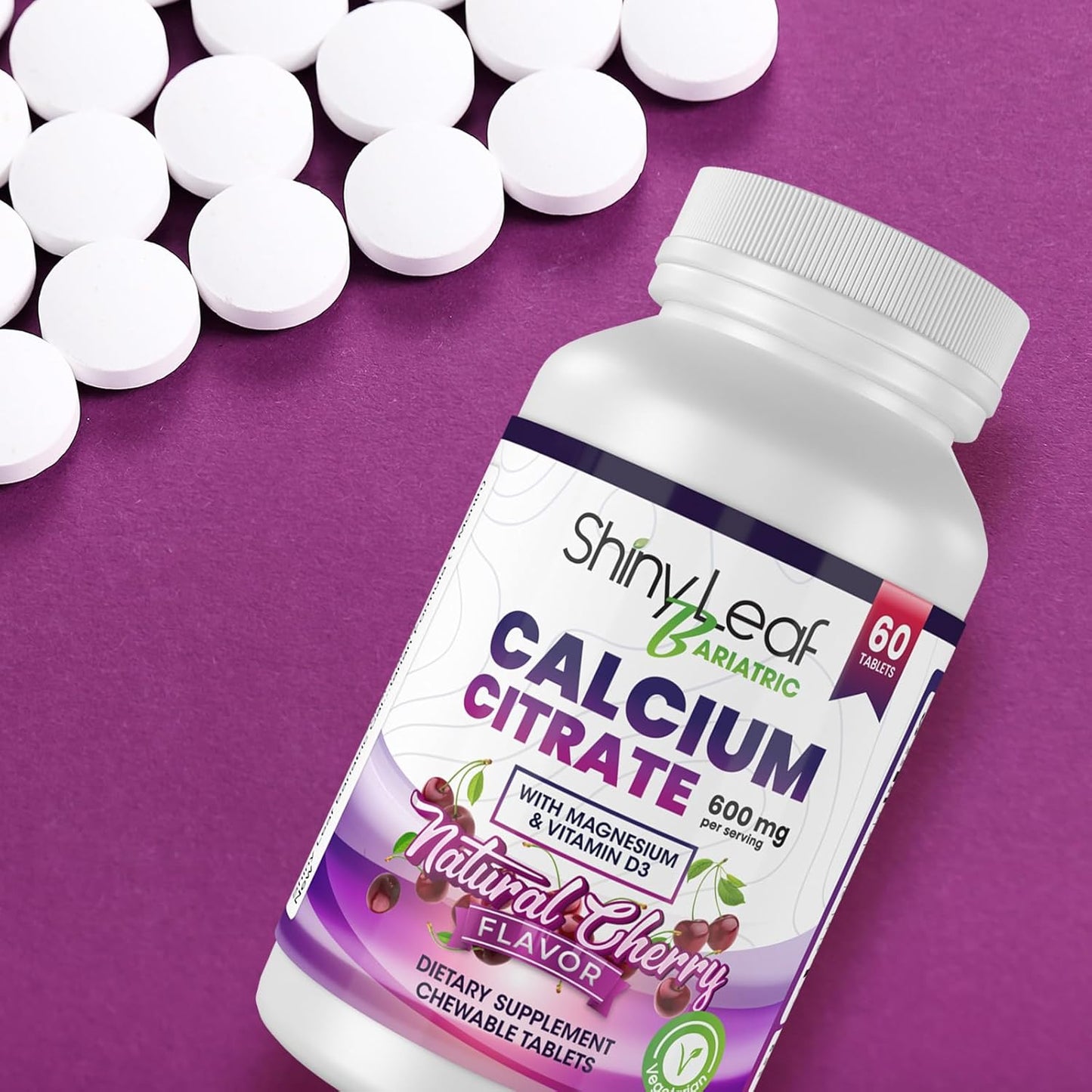 Bariatric Calcium Citrate 600mg Chewable Tablets - 180 Ct Supplement with Magnesium, Vitamin D3, Cherry Flavor - Vegetarian Formula for 3 Months
