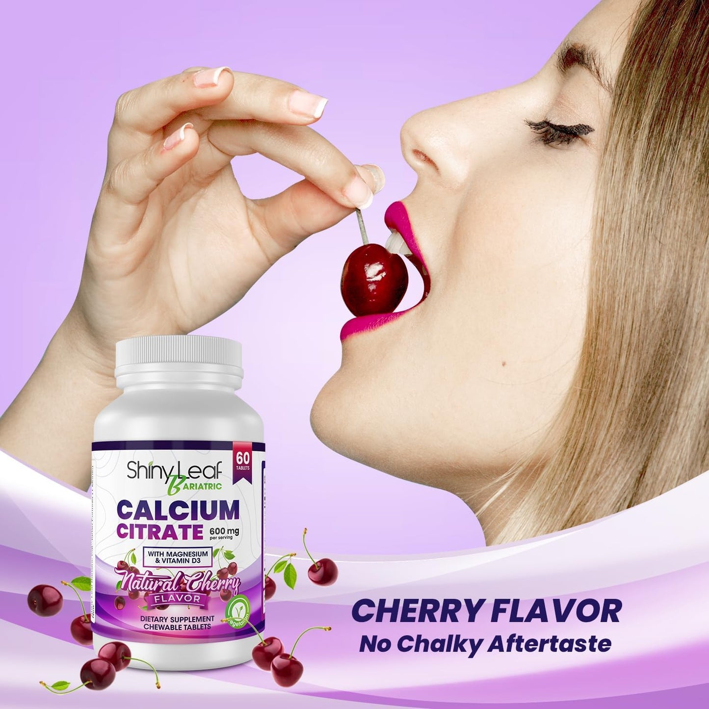 Bariatric Calcium Citrate Chewable Tablets 600mg - 120 Ct with Magnesium, Vitamin D3, Cherry Flavor - Vegetarian Formula for 2 Months