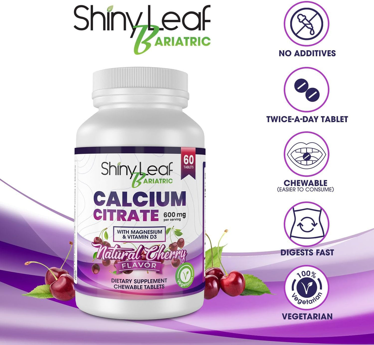 Bariatric Calcium Citrate Chewable Tablets 600mg - 120 Ct with Magnesium, Vitamin D3, Cherry Flavor - Vegetarian Formula for 2 Months