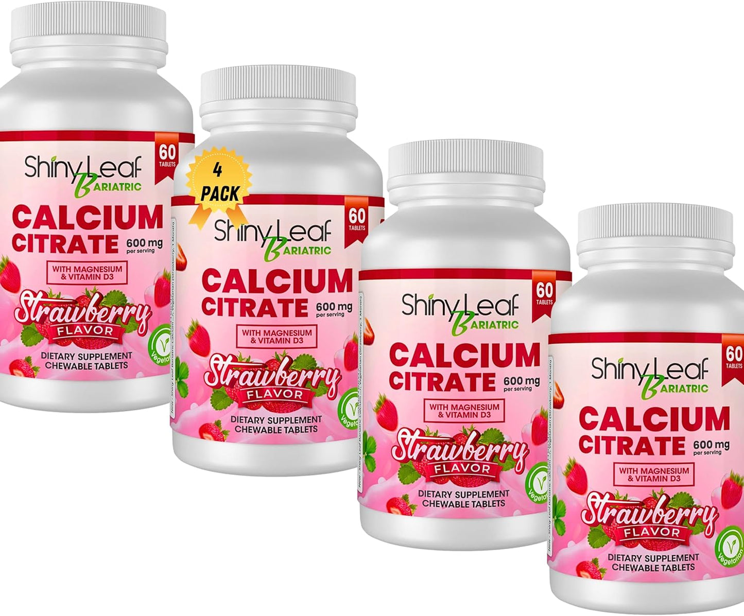 Bariatric Calcium Citrate Chewable Tablets for Surgery Patients - 600mg with Magnesium, Vitamin D3, Strawberry Flavor - 4 Months Supply