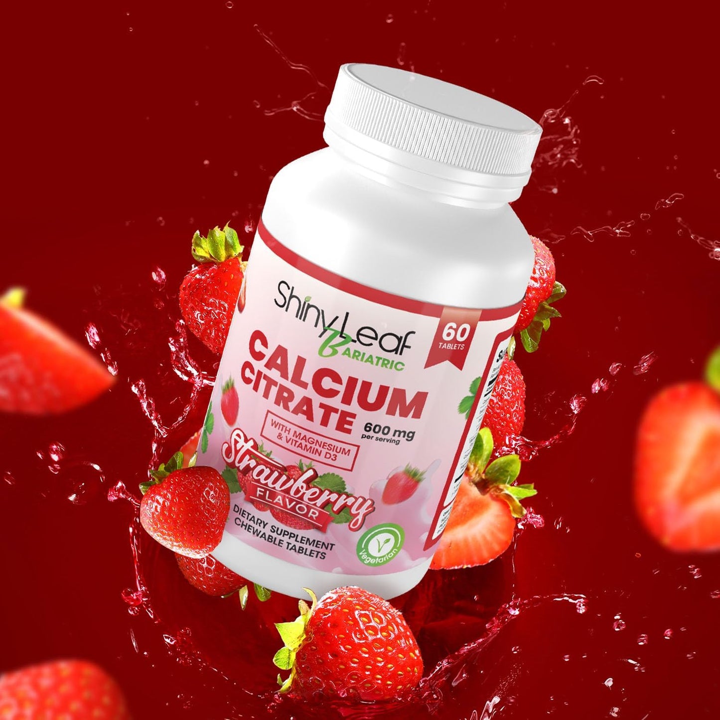 Bariatric Calcium Citrate Chewable Tablets for Surgery Patients - 600mg with Magnesium, Vitamin D3, Strawberry Flavor - 4 Months Supply