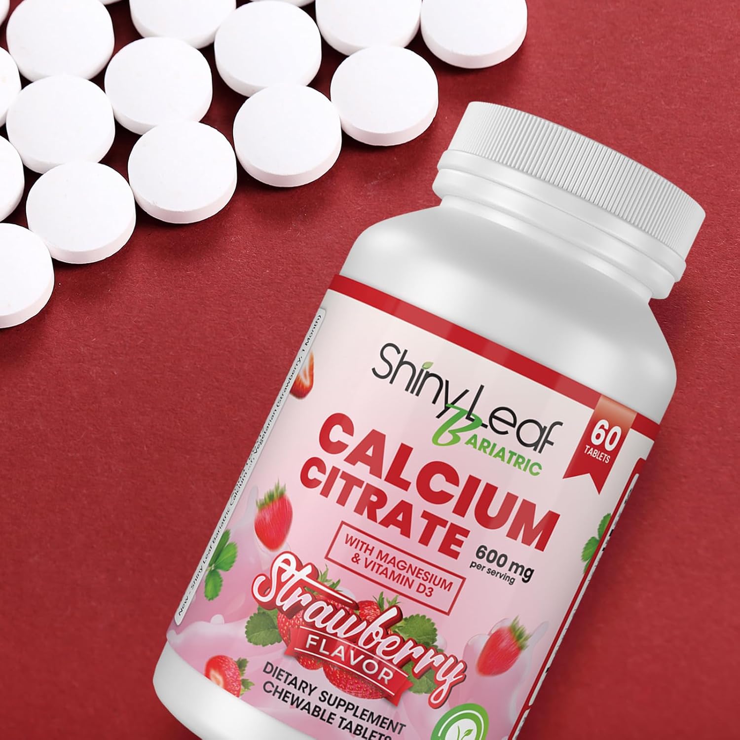 Bariatric Calcium Citrate Chewable Tablets for Surgery Patients - 600mg with Magnesium, Vitamin D3, Strawberry Flavor - 4 Months Supply