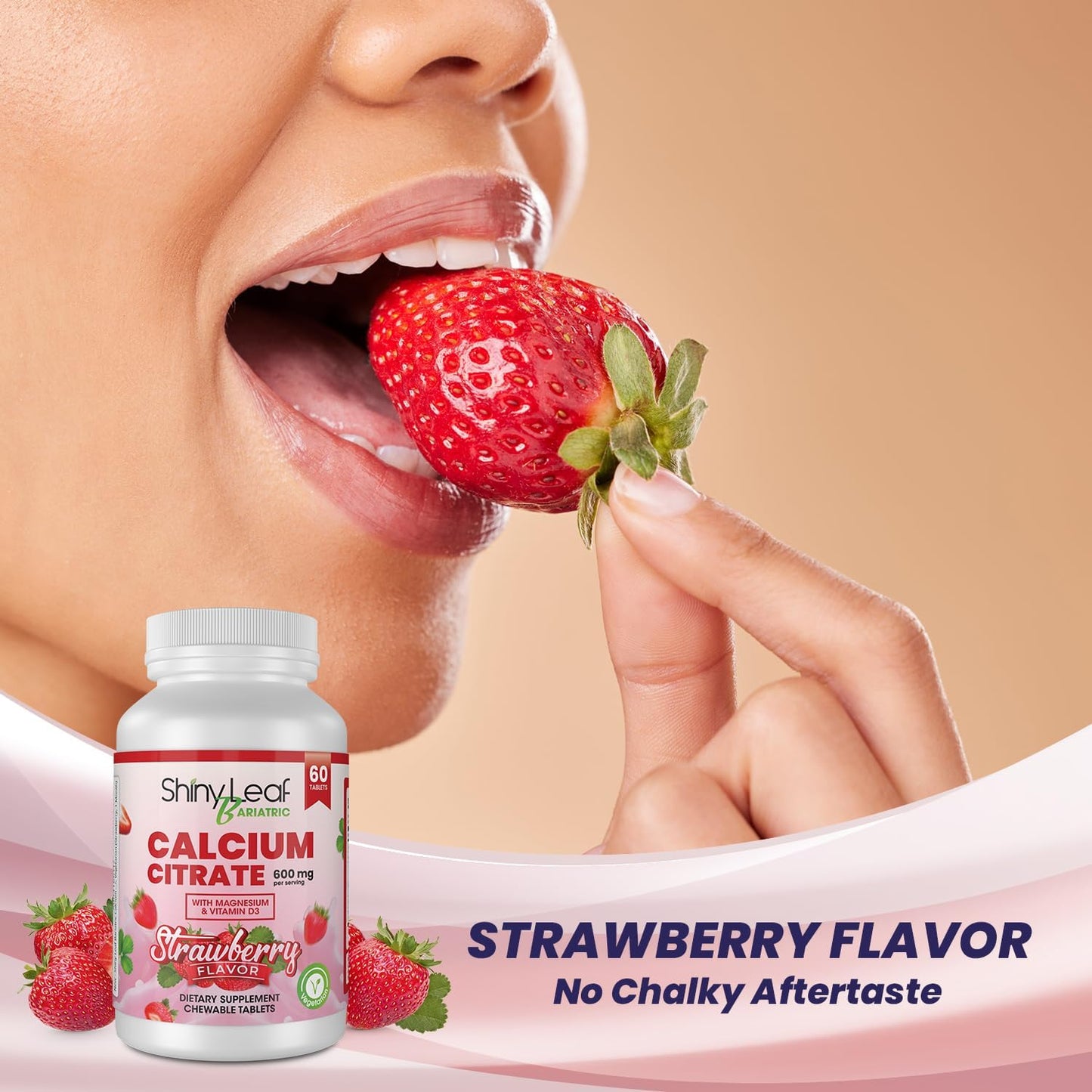 Bariatric Calcium Citrate Chewable Tablets for Surgery Patients - 600mg with Magnesium, Vitamin D3, Strawberry Flavor - 4 Months Supply