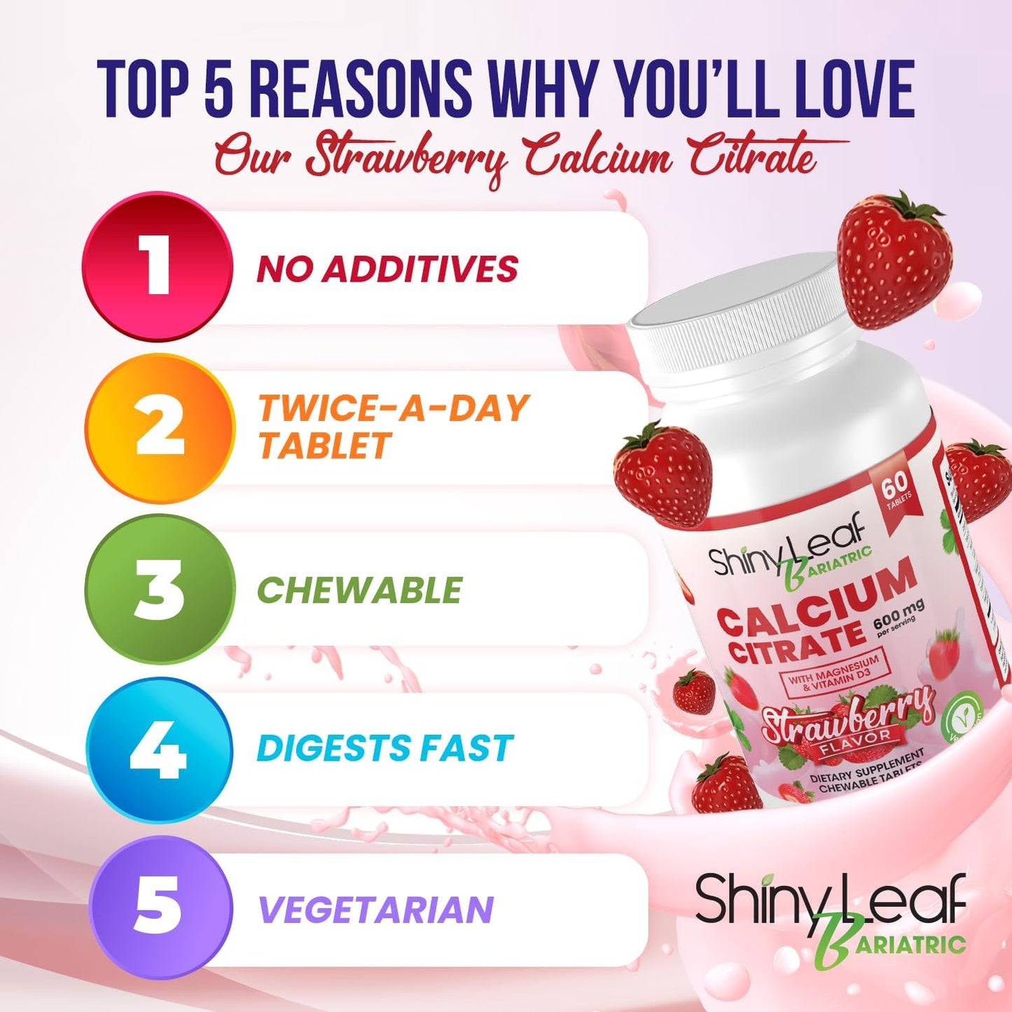 Bariatric Calcium Citrate Chewable Tablets with Magnesium & Vitamin D3 - 120 Ct, 600mg, Natural Strawberry Flavor, Vegetarian Formula