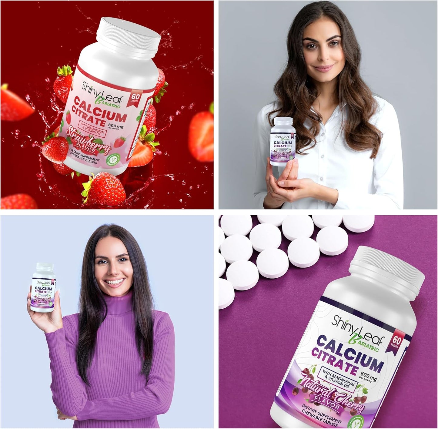 Bariatric Calcium Citrate Chewable Tablets with Magnesium & Vitamin D3 - Cherry & Strawberry Flavors, 2 x 60 Ct Vegan Supplements for Bariatric Surgery Patients