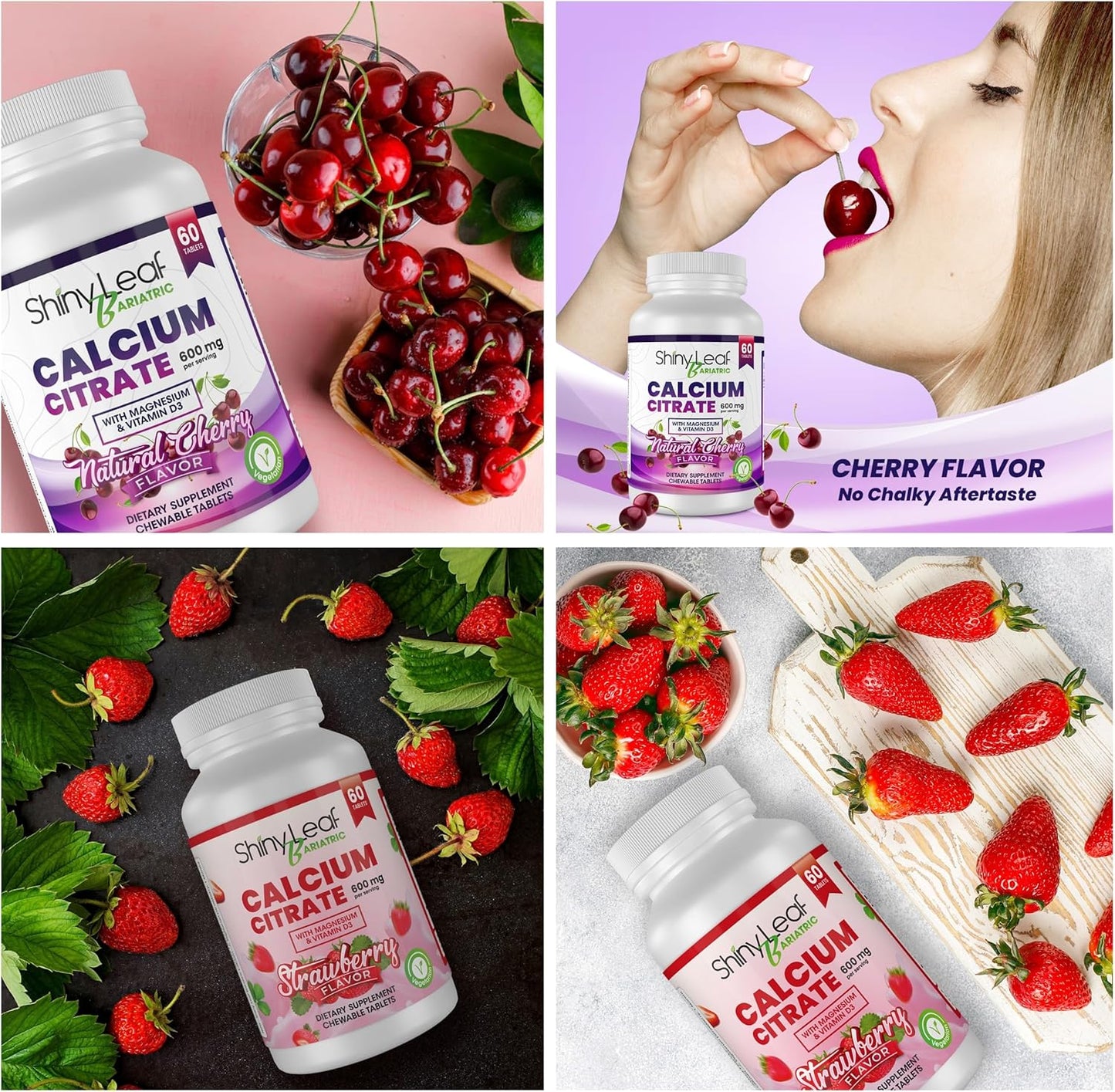 Bariatric Calcium Citrate Chewable Tablets with Magnesium & Vitamin D3 - Cherry & Strawberry Flavors, 2 x 60 Ct Vegan Supplements for Bariatric Surgery Patients