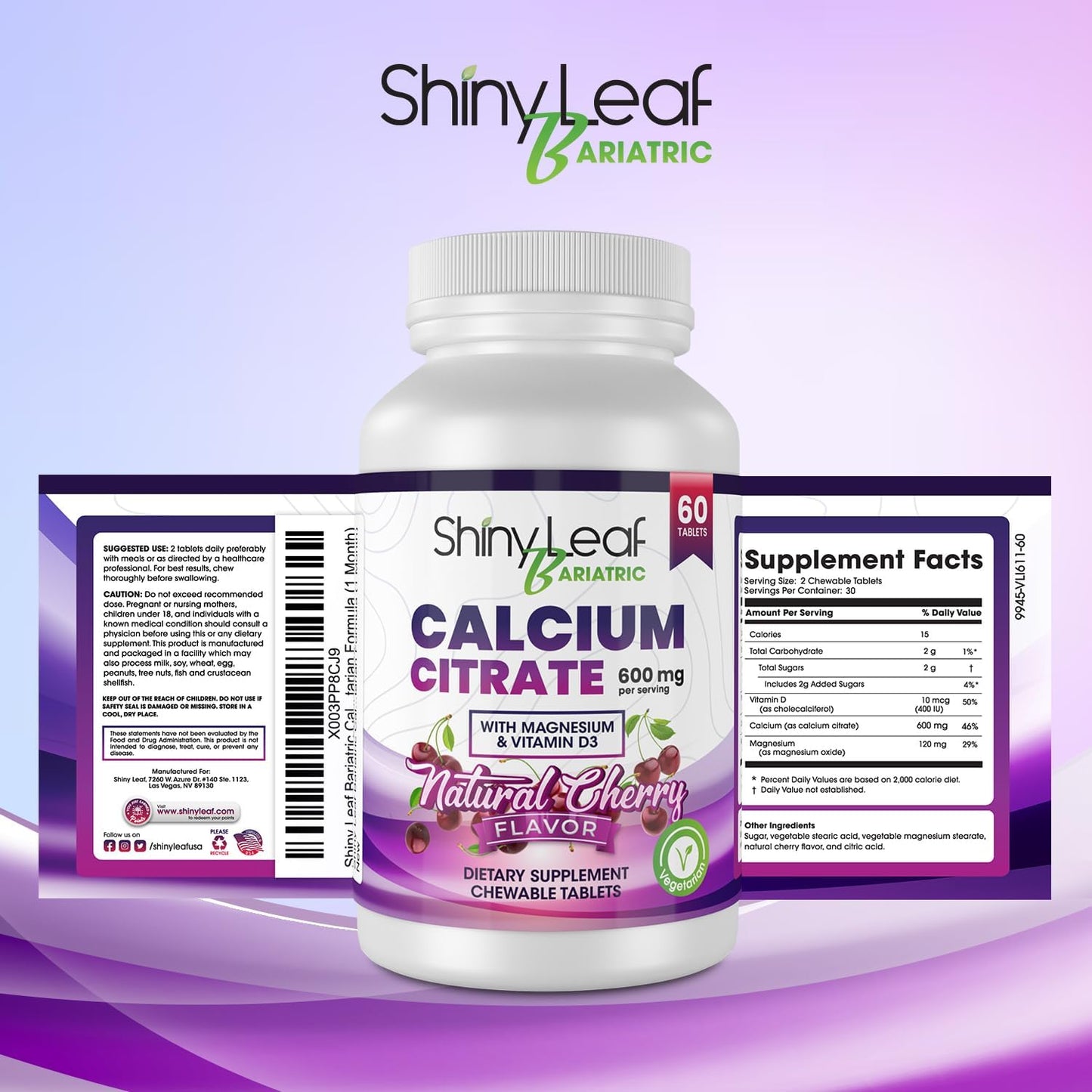 Bariatric Calcium Citrate Chewable Tablets with Magnesium & Vitamin D3 - Cherry & Strawberry Flavors, 2 x 60 Ct Vegan Supplements for Bariatric Surgery Patients