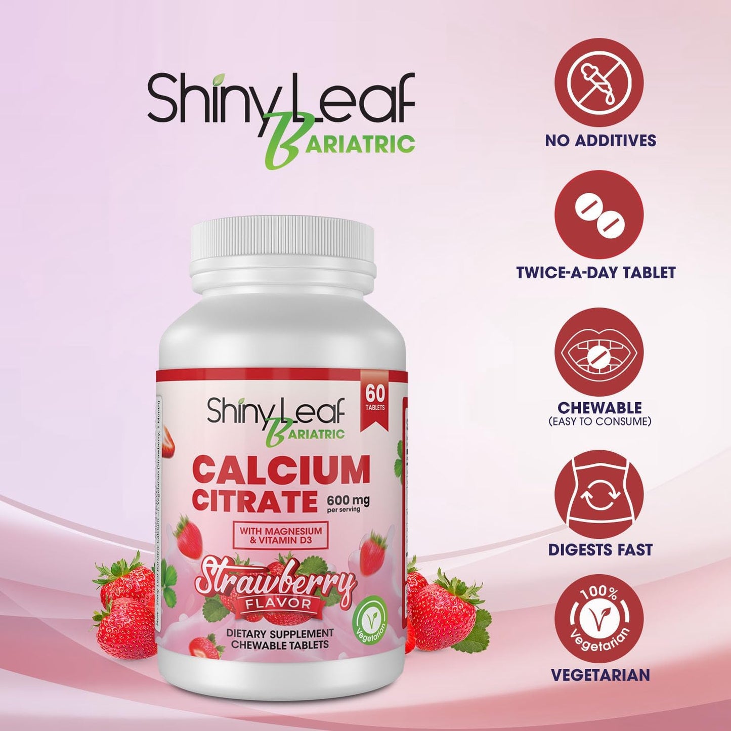 Bariatric Calcium Citrate Chewable Tablets with Magnesium & Vitamin D3 - 120 Ct, 600mg, Natural Strawberry Flavor, Vegetarian Formula