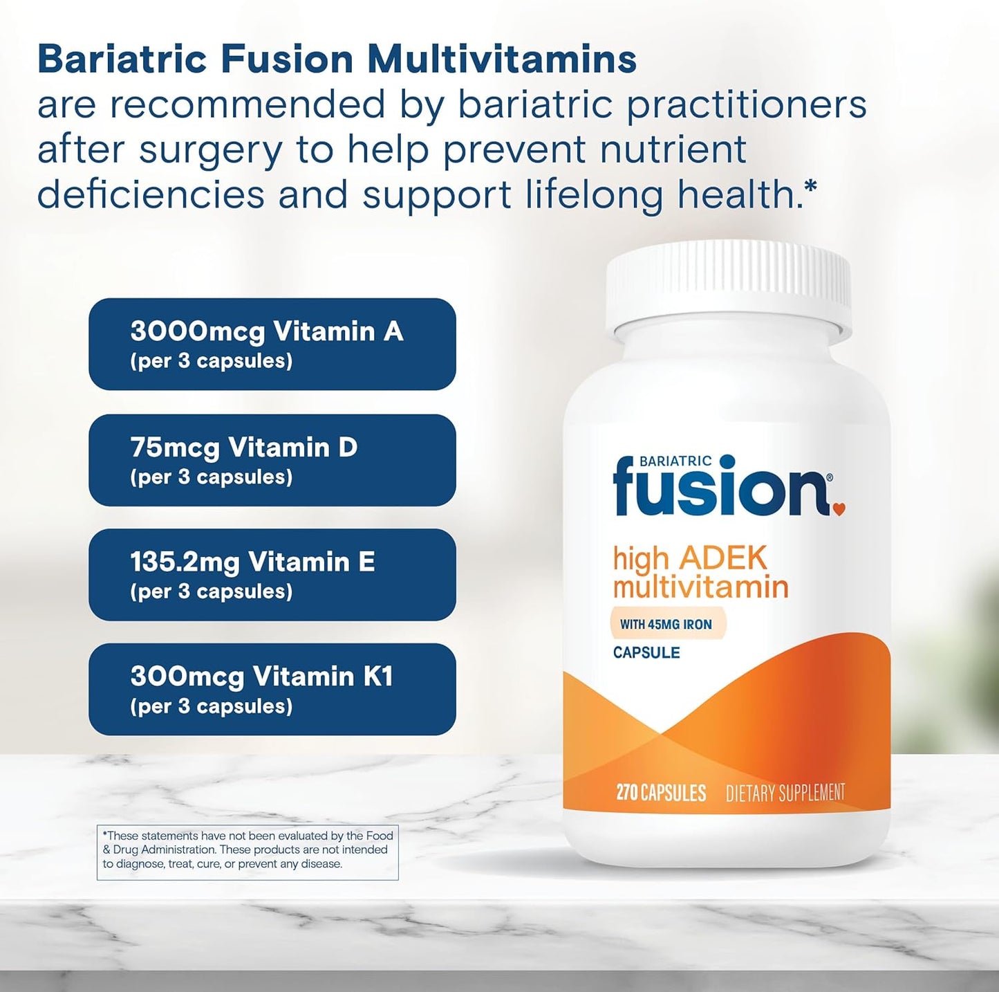 Bariatric Fusion High ADEK Multivitamin with Iron for Duodenal Switch | Easy-to-Swallow ADEK Vitamins | 270 Capsules - 3 Month Supply