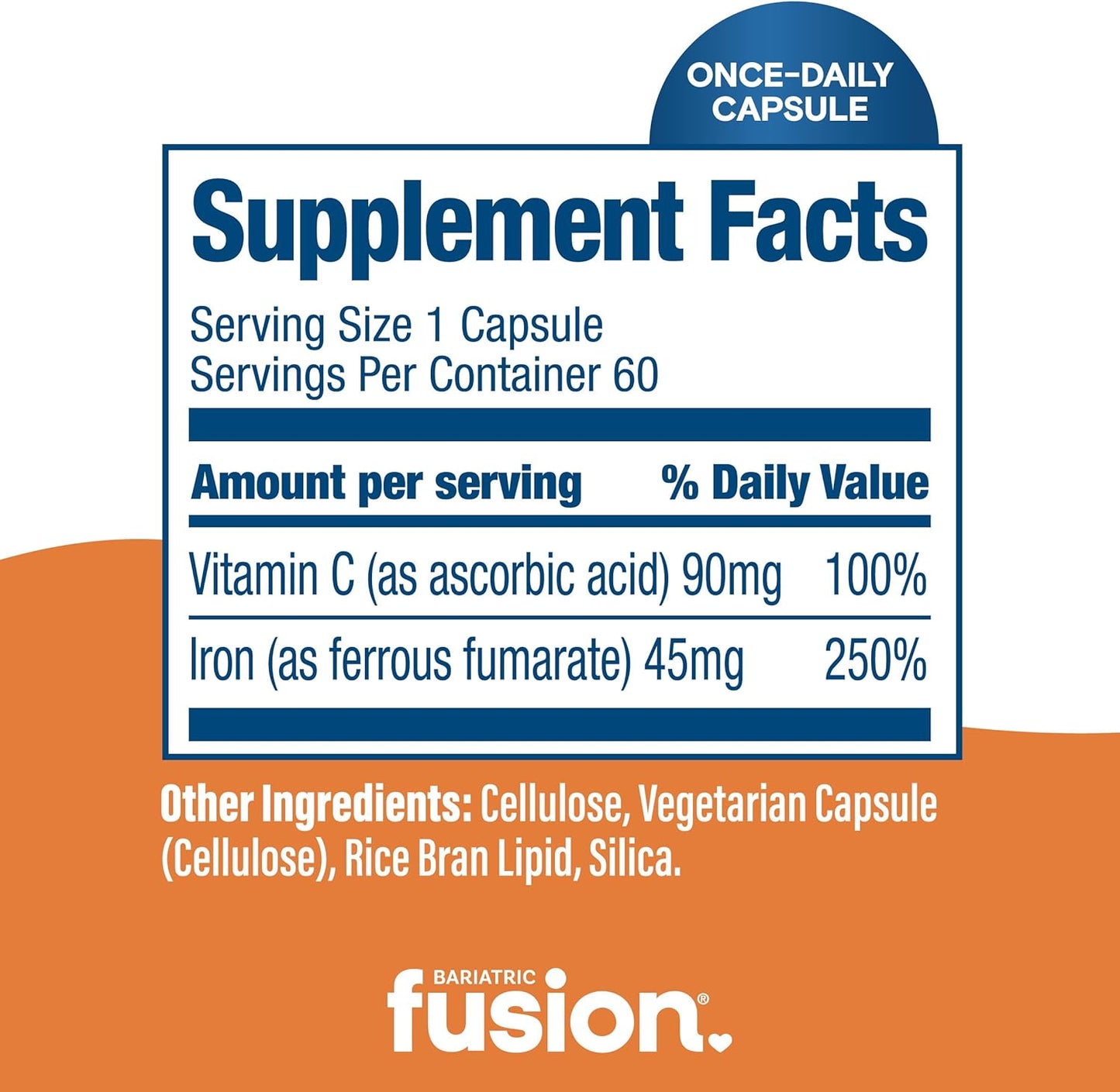 Bariatric Fusion Iron with Vitamin C | Daily Women and Men's Vitamin | Gluten, Dairy, Soy-Free | Non-GMO | 60 Count