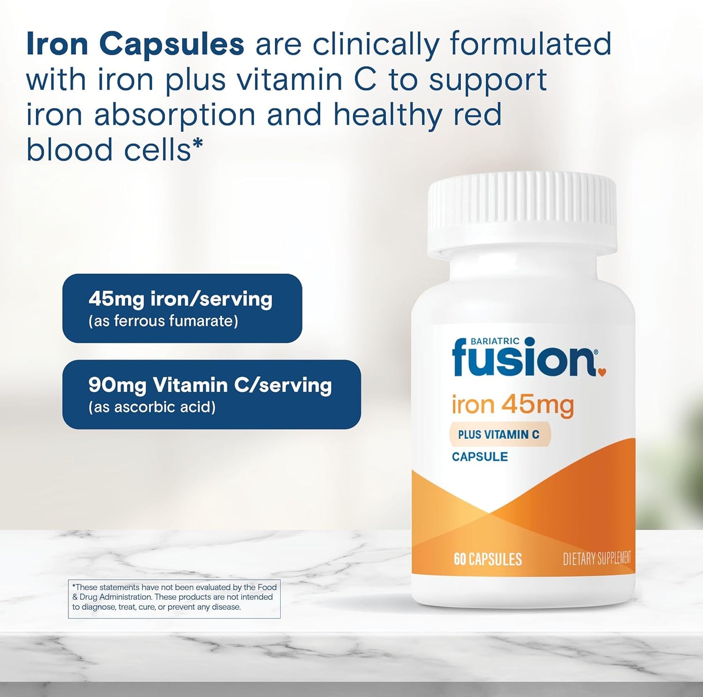 Bariatric Fusion Iron with Vitamin C | Daily Women and Men's Vitamin | Gluten, Dairy, Soy-Free | Non-GMO | 60 Count