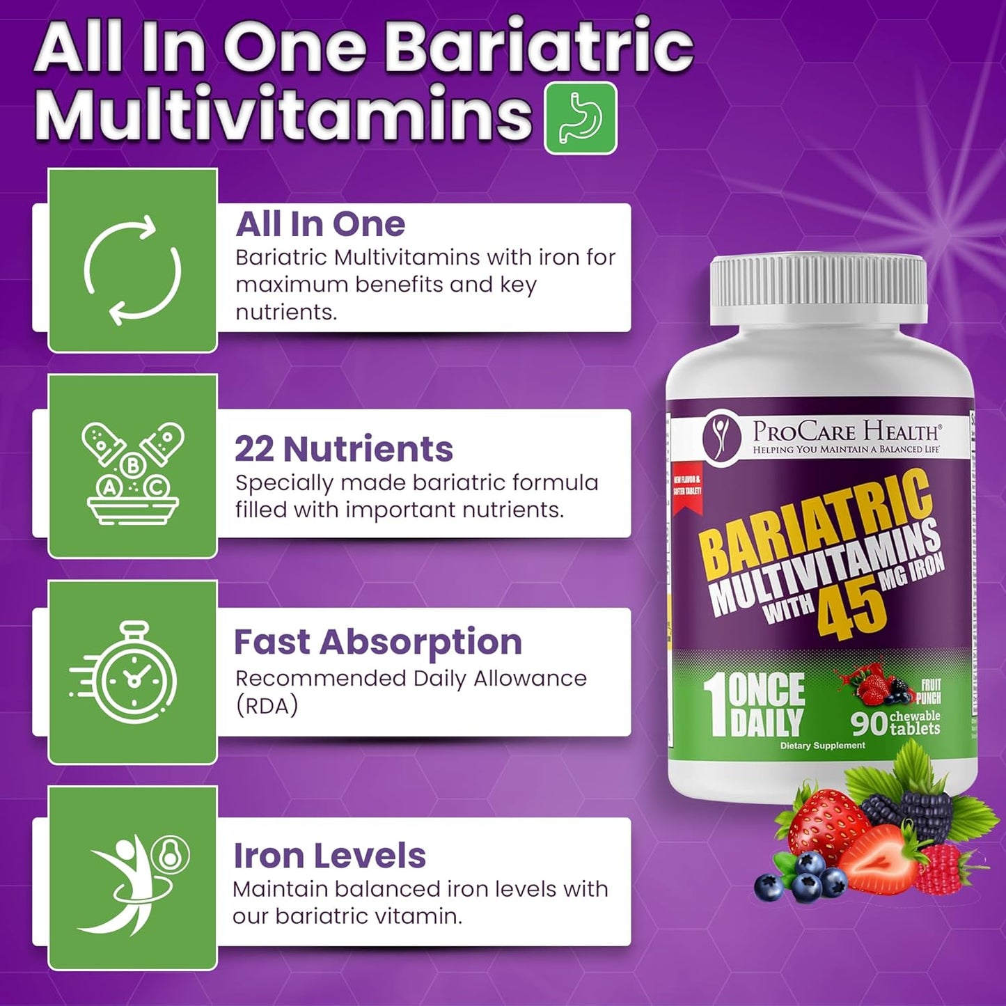 Bariatric Multivitamin with Iron 45mg Chewables - Fruit Punch Flavor (90 Tablets) for Gastric Bypass & Sleeve Gastrectomy Patients - 03 Month Supply