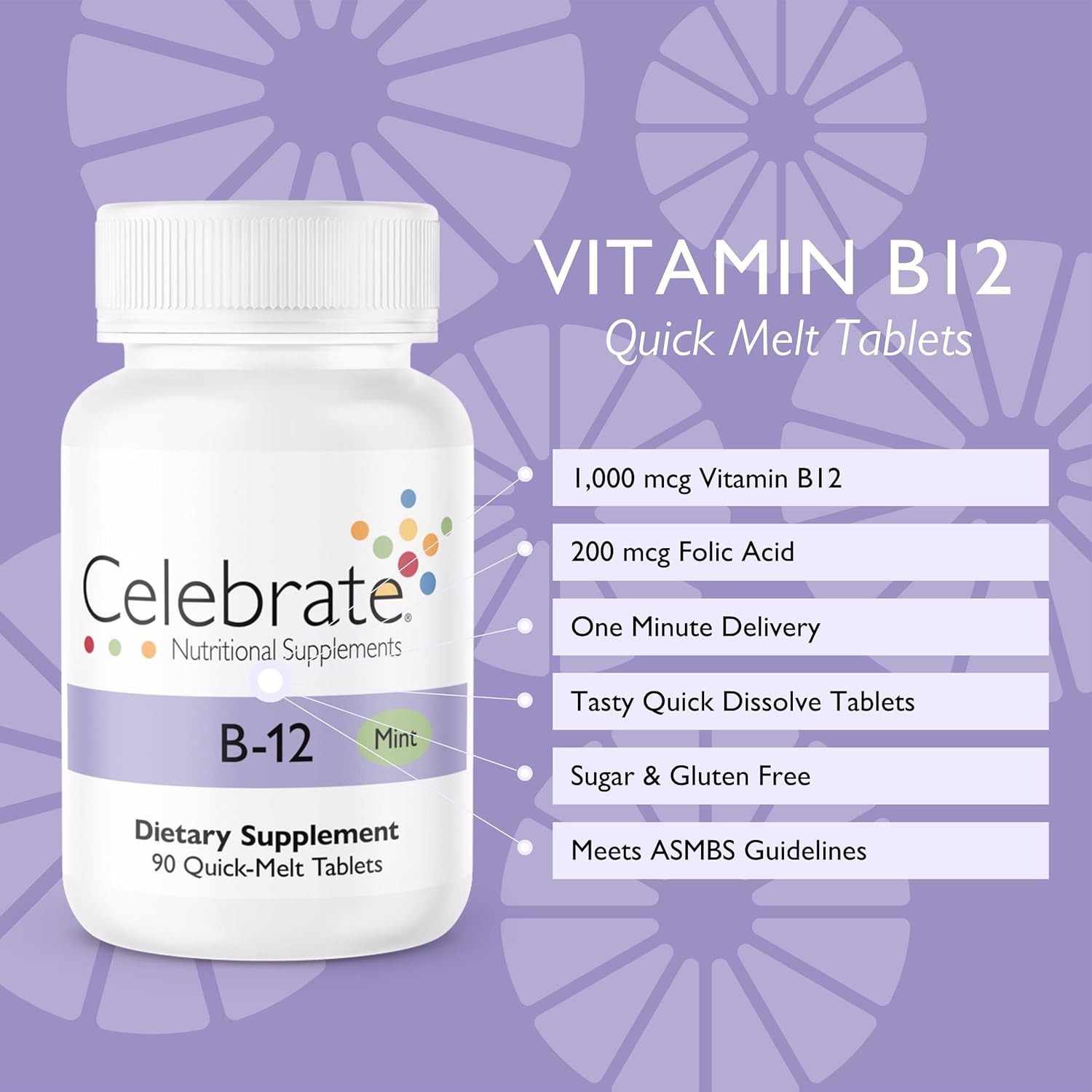 Bariatric Supplements: Celebrate Vitamins B-12 Quick Melt Tablets with Folic Acid - 90 Count (Mint)