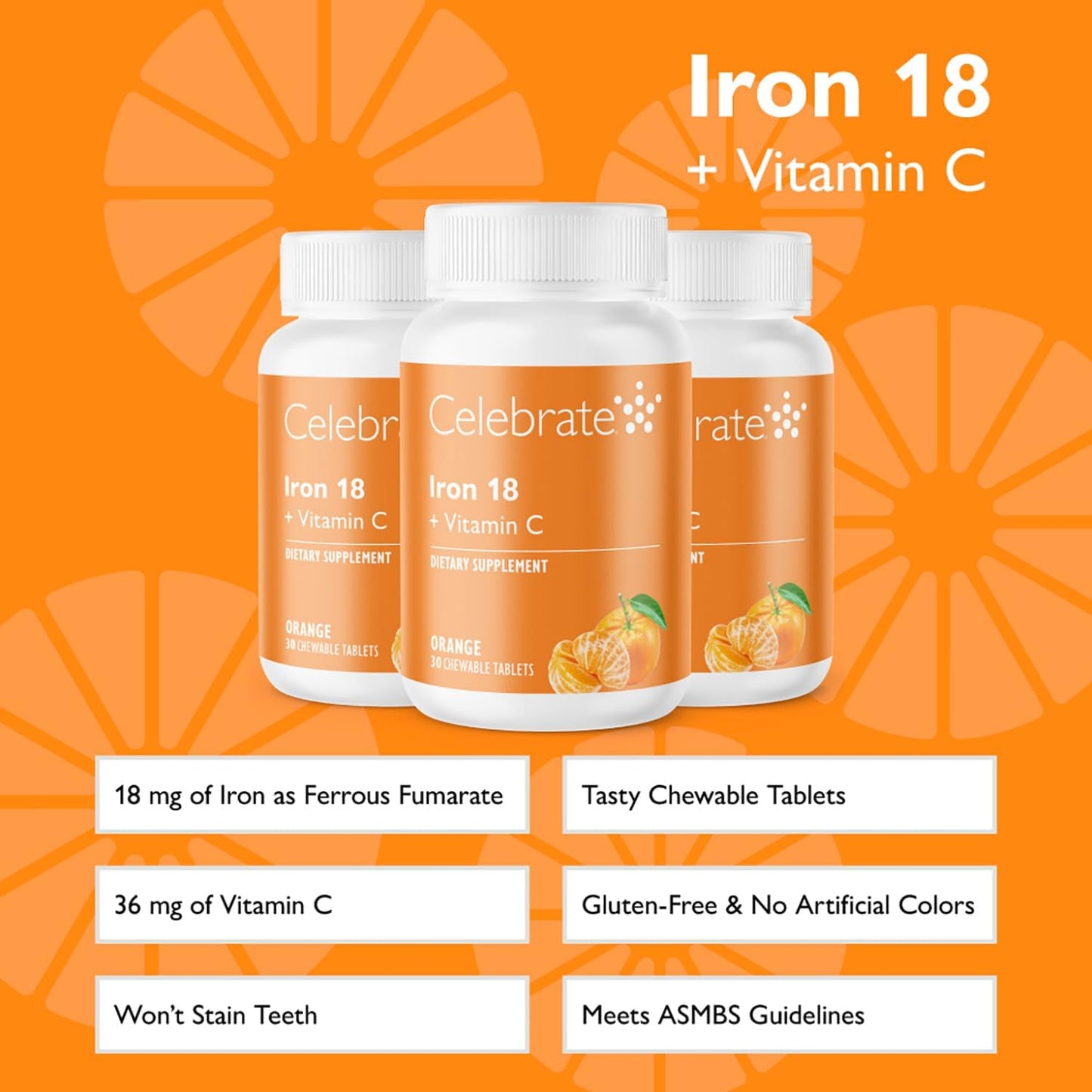 Bariatric Supplements Iron with Vitamin C - 18mg Iron, 36mg Vitamin C, Chewable Tablets for WLS Patients, Sleeve & Bypass Surgery - Tangerine, 90 Count