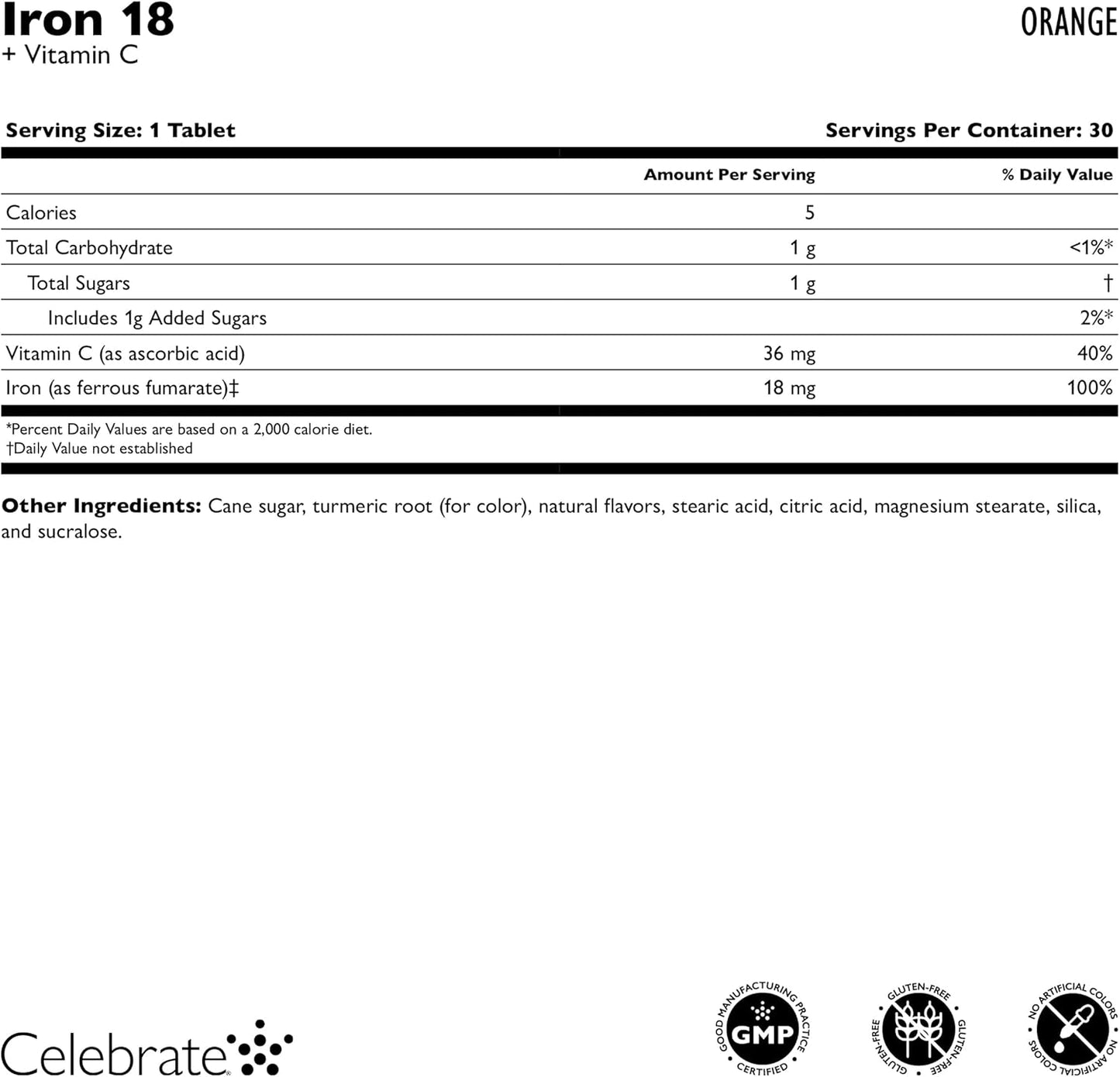 Bariatric Supplements Iron with Vitamin C - 18mg Iron, 36mg Vitamin C, Chewable Tablets for WLS Patients, Sleeve & Bypass Surgery - Tangerine, 90 Count