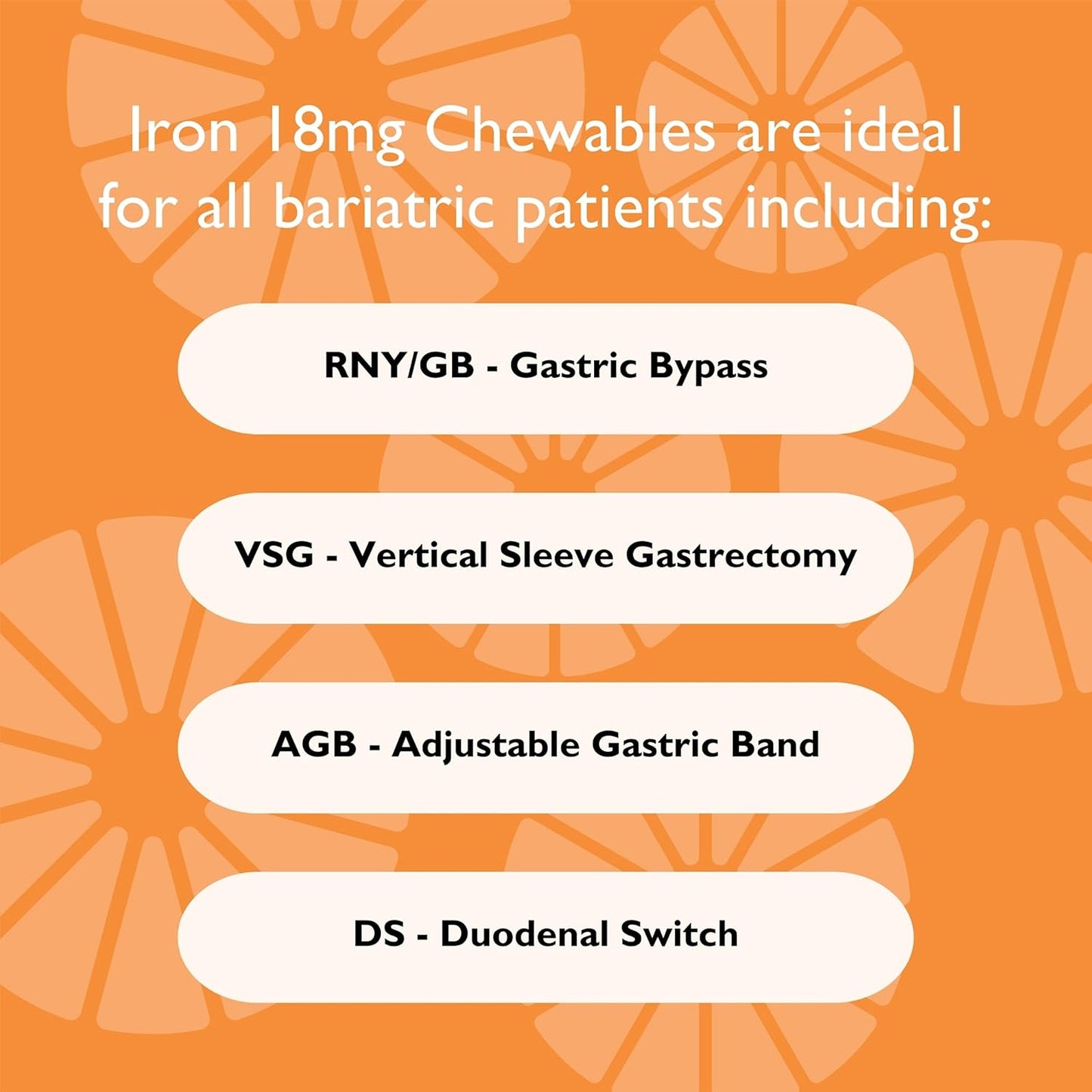 Bariatric Supplements Iron with Vitamin C - 18mg Iron, 36mg Vitamin C, Chewable Tablets for WLS Patients, Sleeve & Bypass Surgery - Tangerine, 90 Count
