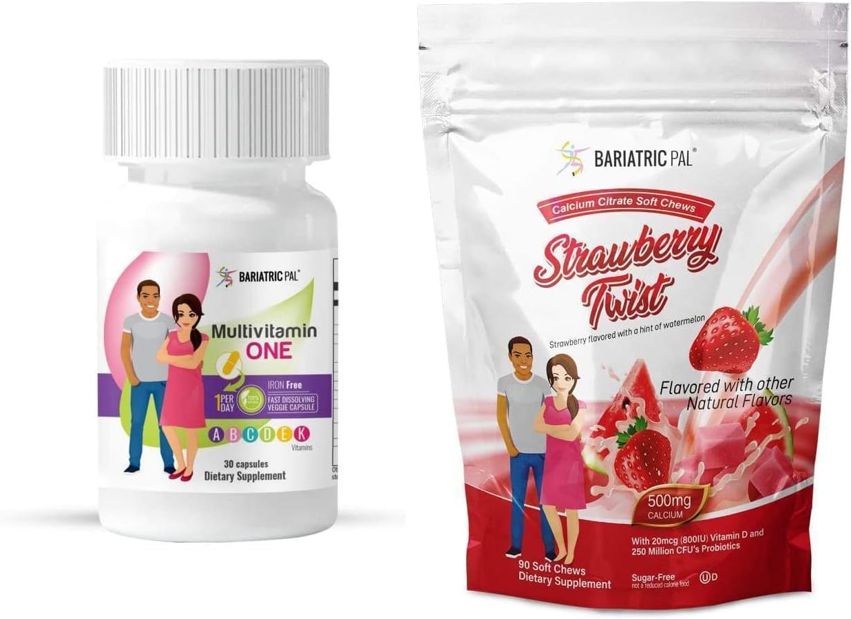 BariatricPal Duodenal Switch 30-Day Vitamin Pack - Iron-Free Calcium Citrate Soft Chews with Probiotics (Strawberry Twist)