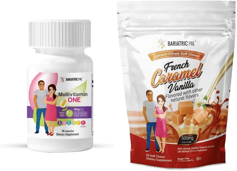 BariatricPal Duodenal Switch 30-Day Vitamin Pack: Iron Calcium Citrate Soft Chews with Probiotics - French Caramel Vanilla