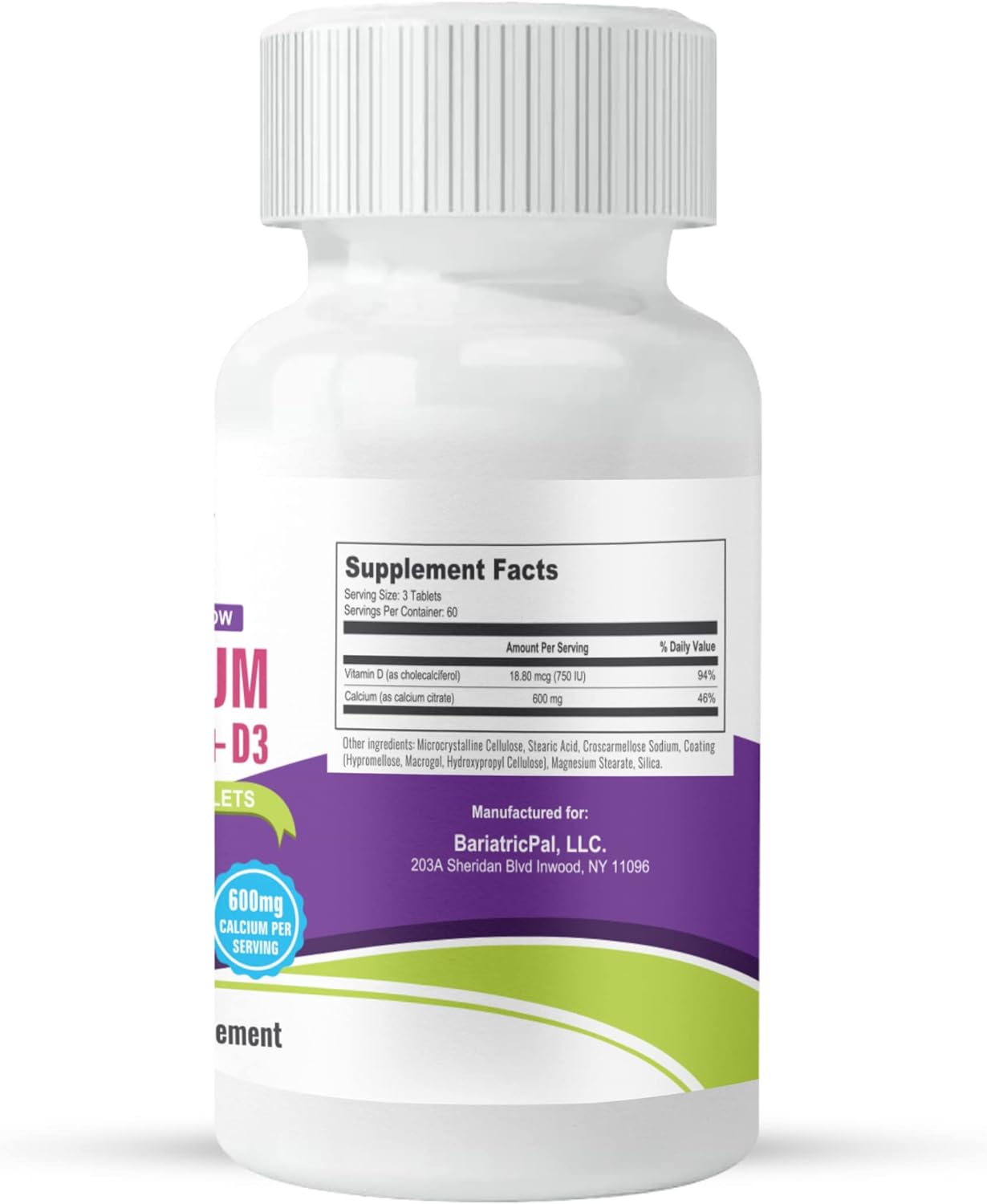 BariatricPal Easy Swallow Calcium Citrate with D3 Tablets - 600mg (60-Day Supply)